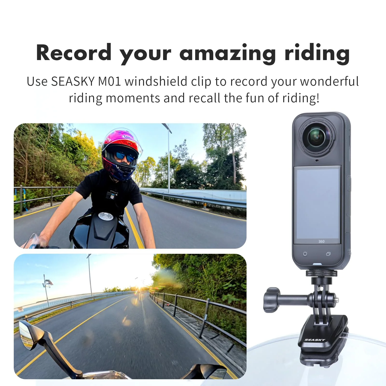 SEASKY M01 Motorcycle Motorbike Windscreen Clamp Mount Accessories for Gopro Hero 13 12 11 10 9 8 7 DJI Action 6 5 4 3 for insta360 X5 X4 X3 X2 X RS Sports Action Camera Aluminum Alloy - Image 2