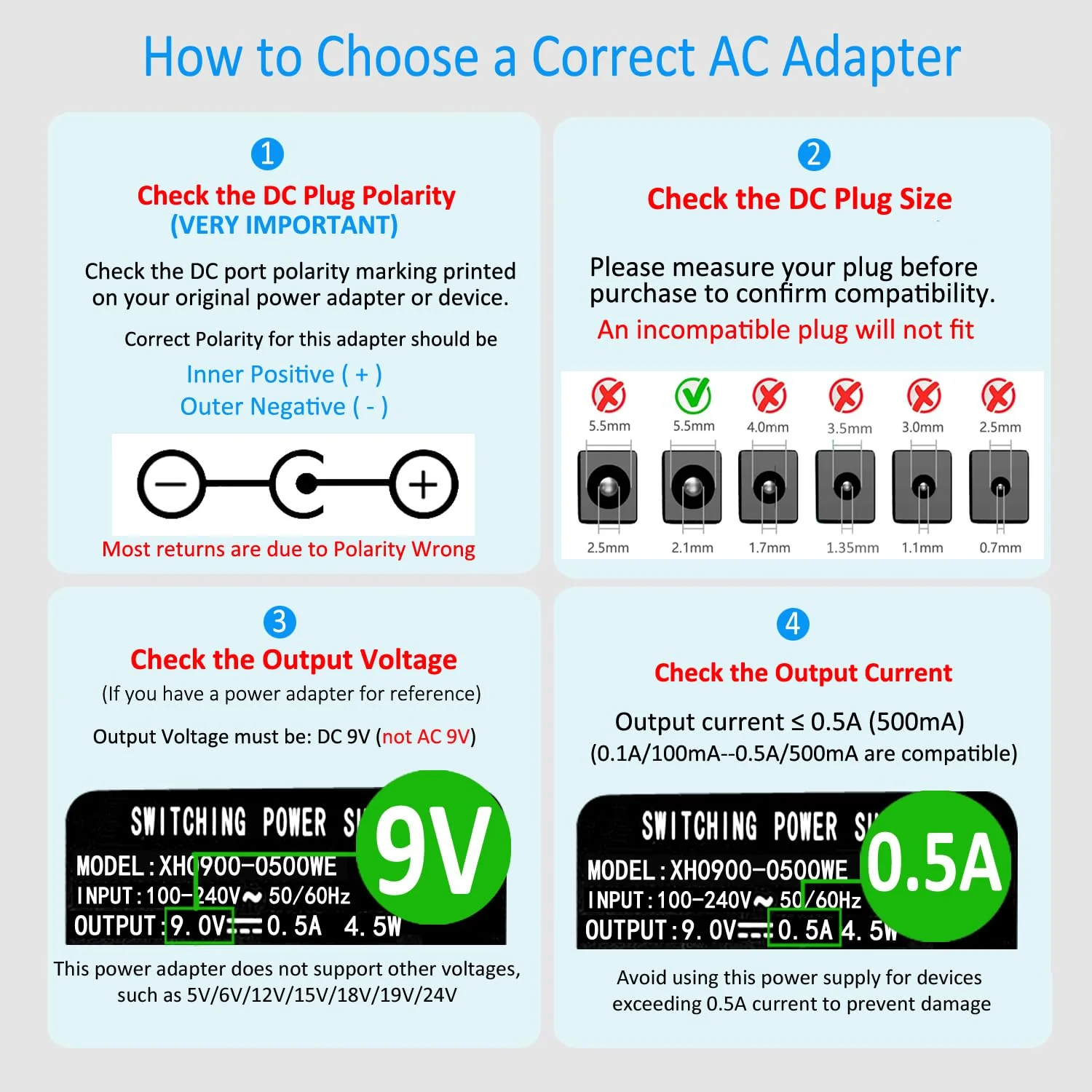 Security-01 DC 9V 0.5A 500mA Power Supply Adapter, Connector 5.5mm x 2.1mm, Center Positive - Image 3