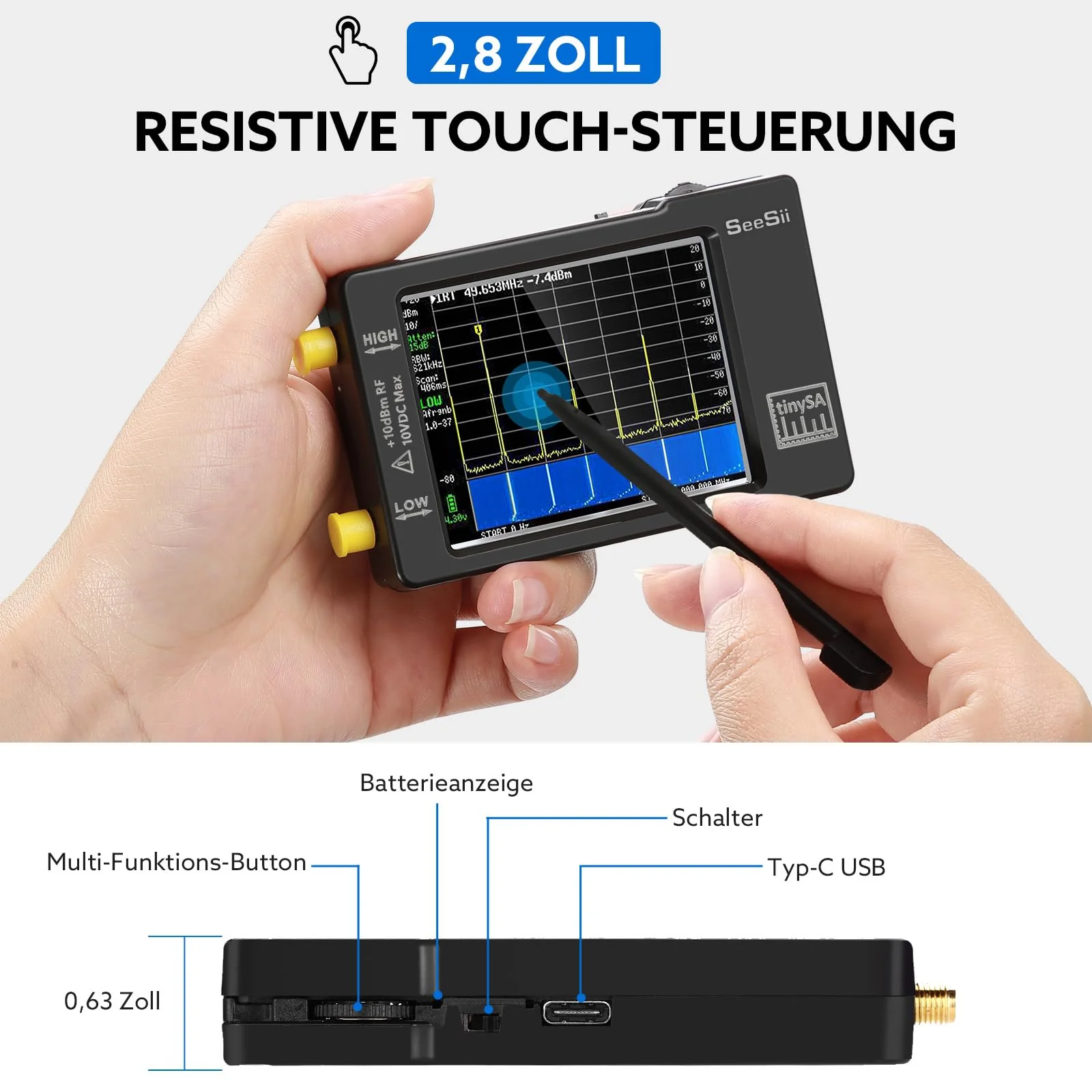 Seesii TinySA Spectrum Analyzer - 2.8 Inch Spectrum Analyzer 100 kHz - 960 MHz Input MF HF VHF UHF, Signal Generator Frequency Analyzer with Touchscreen with ESD Protected - Image 2