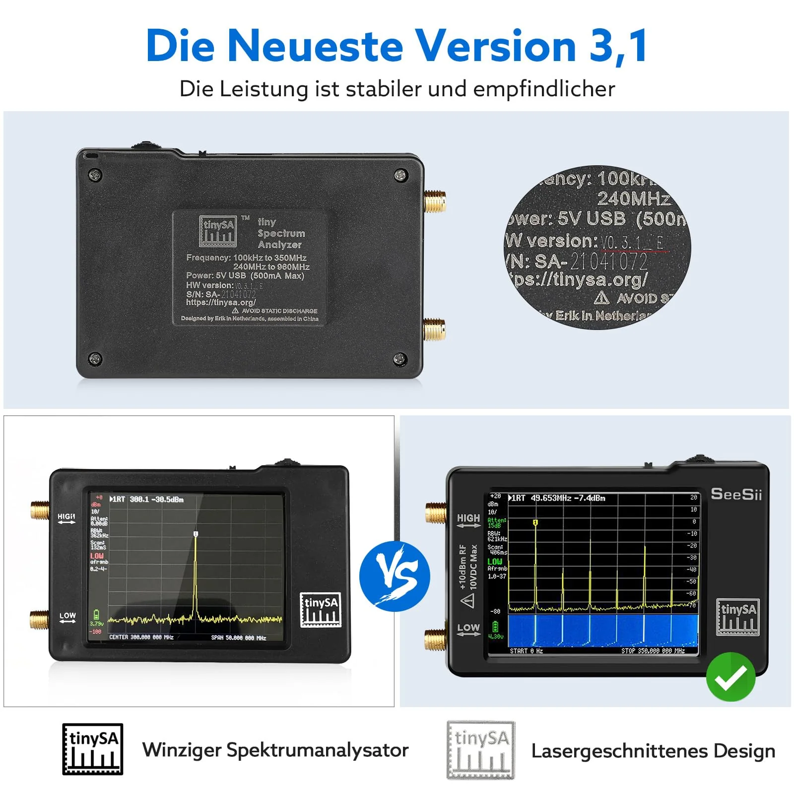 Seesii TinySA Spectrum Analyzer - 2.8 Inch Spectrum Analyzer 100 kHz - 960 MHz Input MF HF VHF UHF, Signal Generator Frequency Analyzer with Touchscreen with ESD Protected - Image 5