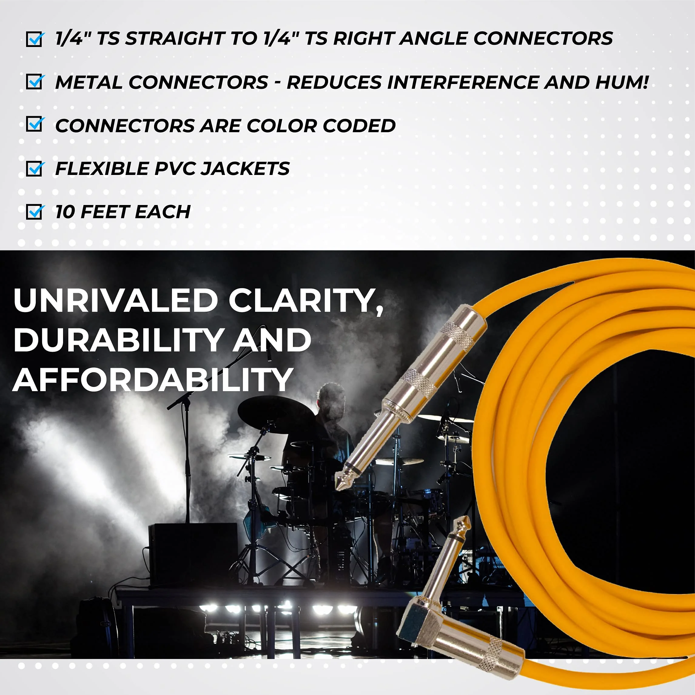Seismic Audio Speakers Guitar Cables, Right Angle To Straight Guitar Cables, Multicolor, 10 Feet, 6 Pack - Image 7