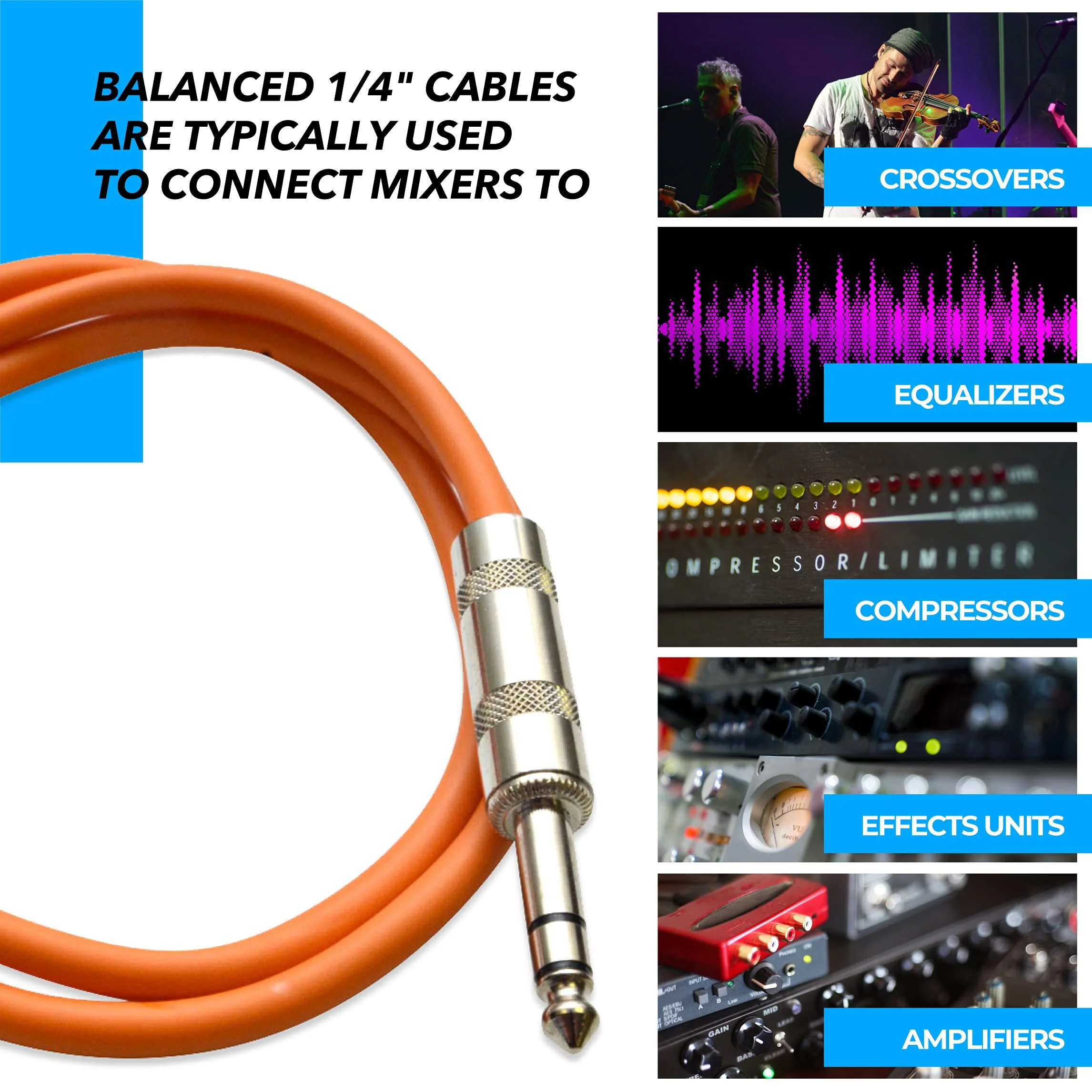 Seismic Audio Speakers ¼” to ¼” TRS Patch Cables, 2 Foot Patch Cables, Pack of 6, Multi Color - Image 5