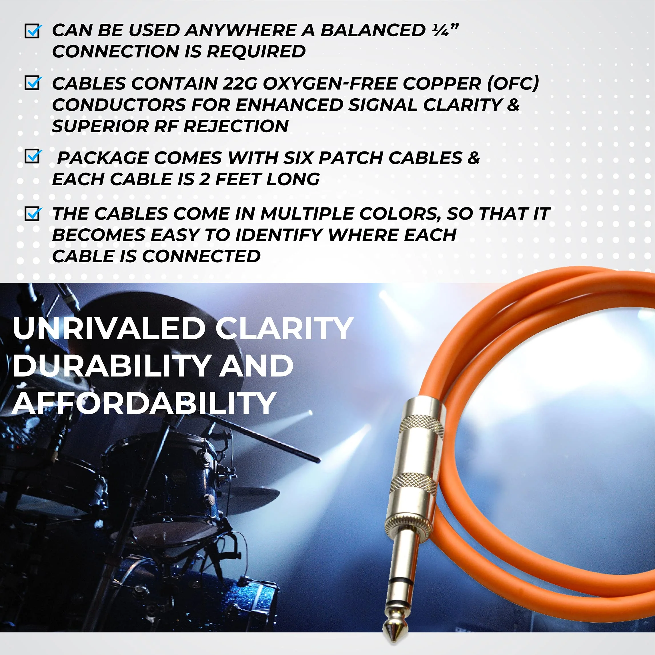 Seismic Audio Speakers ¼” to ¼” TRS Patch Cables, 2 Foot Patch Cables, Pack of 6, Multi Color - Image 7