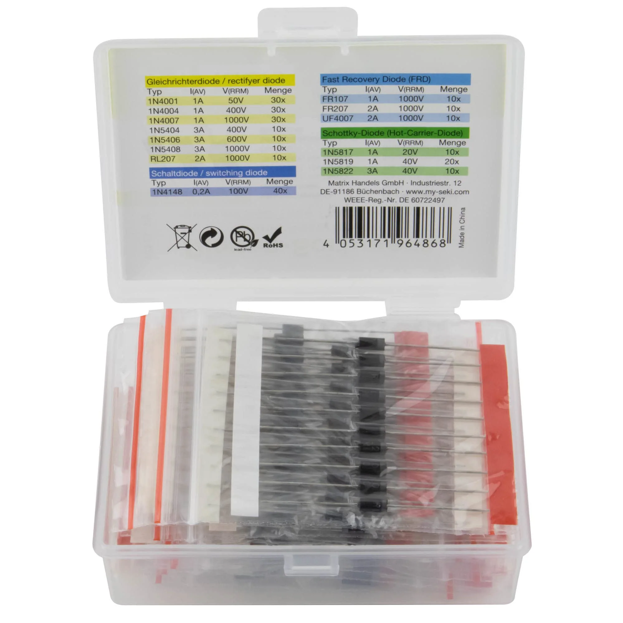 Seki Diodes Assortment 240 Pieces 14 Values Rectifier Diode Schottky Switching Diode 1N4001 1N4004 1N4007 1N5404 1N5406 1N5408 RL207 FR107 RL207 UF4007 1N5811 7 1N5819 1N5822 1N4148 - Image 2