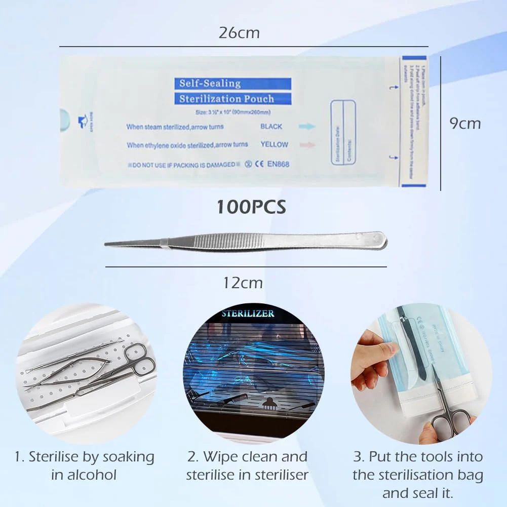 Self-Adhesive Sterilisation Bags, Pack of 100 Self-Sealing Sterilisation Bags, 90 x 260 mm Disposable Sterilisation Bags, Self-Sealing Bag, Sterilisation Bags, Autoclave Steriliser Bag - Image 6