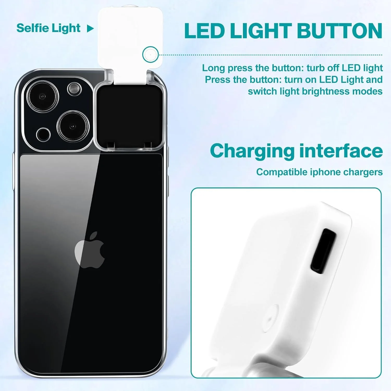 Selfie Light for iPhone 15 Case with LED Built-in Light-Up Rechargeable for TIK Tok/Stream/Makeup/Live/Video- Selfie (2 Models, 3 Level Brightness) (Clear, for iPhone 15) Clear - Image 6