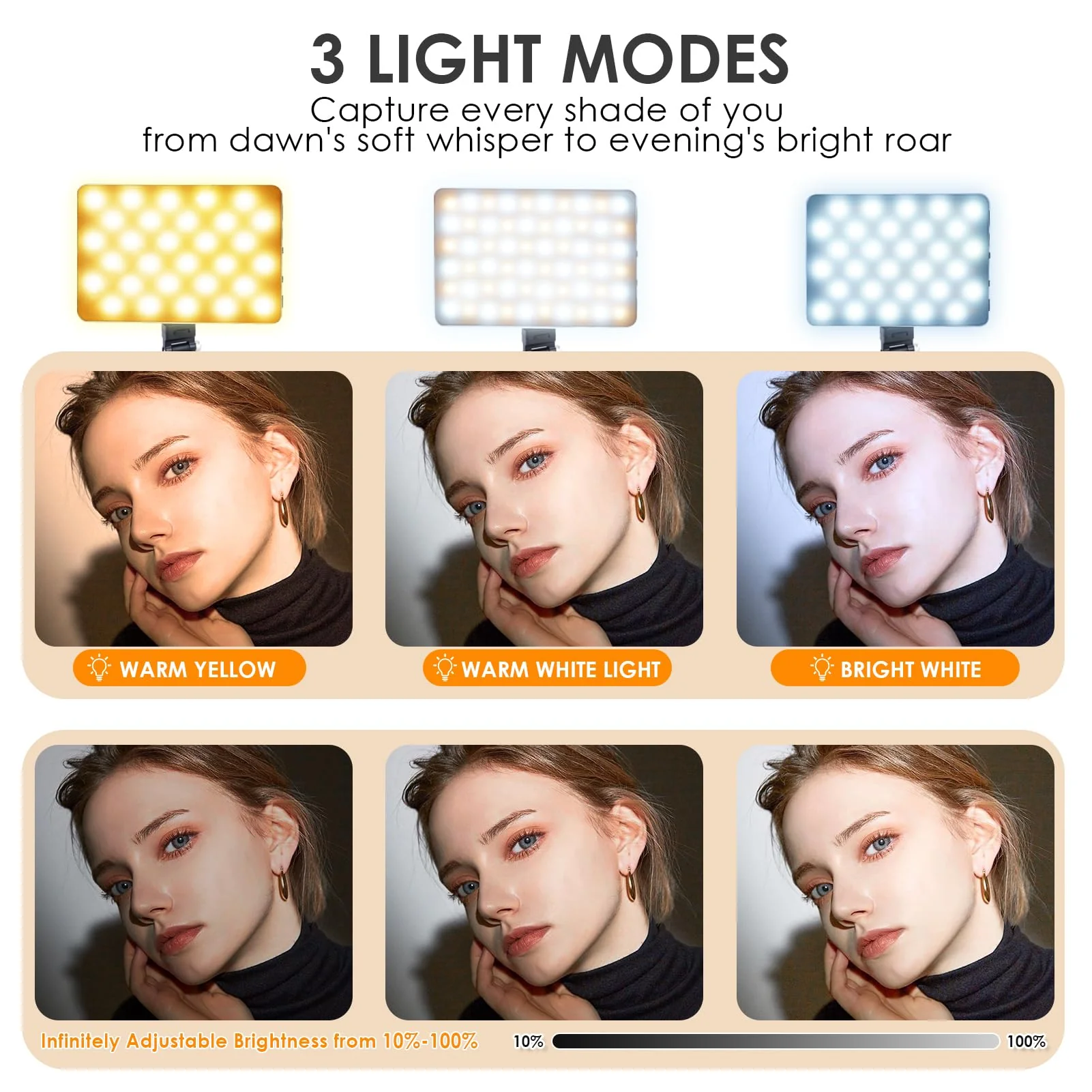 Selfie Light Portable Phone Light, Eagerey 60 LED Rechargeable Fill Light with Front & Back Clip, CRI 95, 3 Light Modes, Clip on Light for TikTok Tablet/Laptop, iPad, Conference Vlog Video Black - Image 2