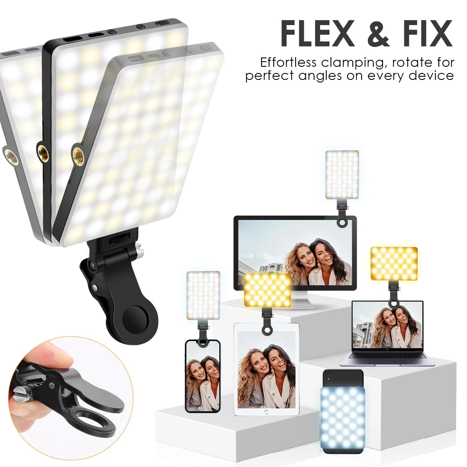 Selfie Light Portable Phone Light, Eagerey 60 LED Rechargeable Fill Light with Front & Back Clip, CRI 95, 3 Light Modes, Clip on Light for TikTok Tablet/Laptop, iPad, Conference Vlog Video Black - Image 3