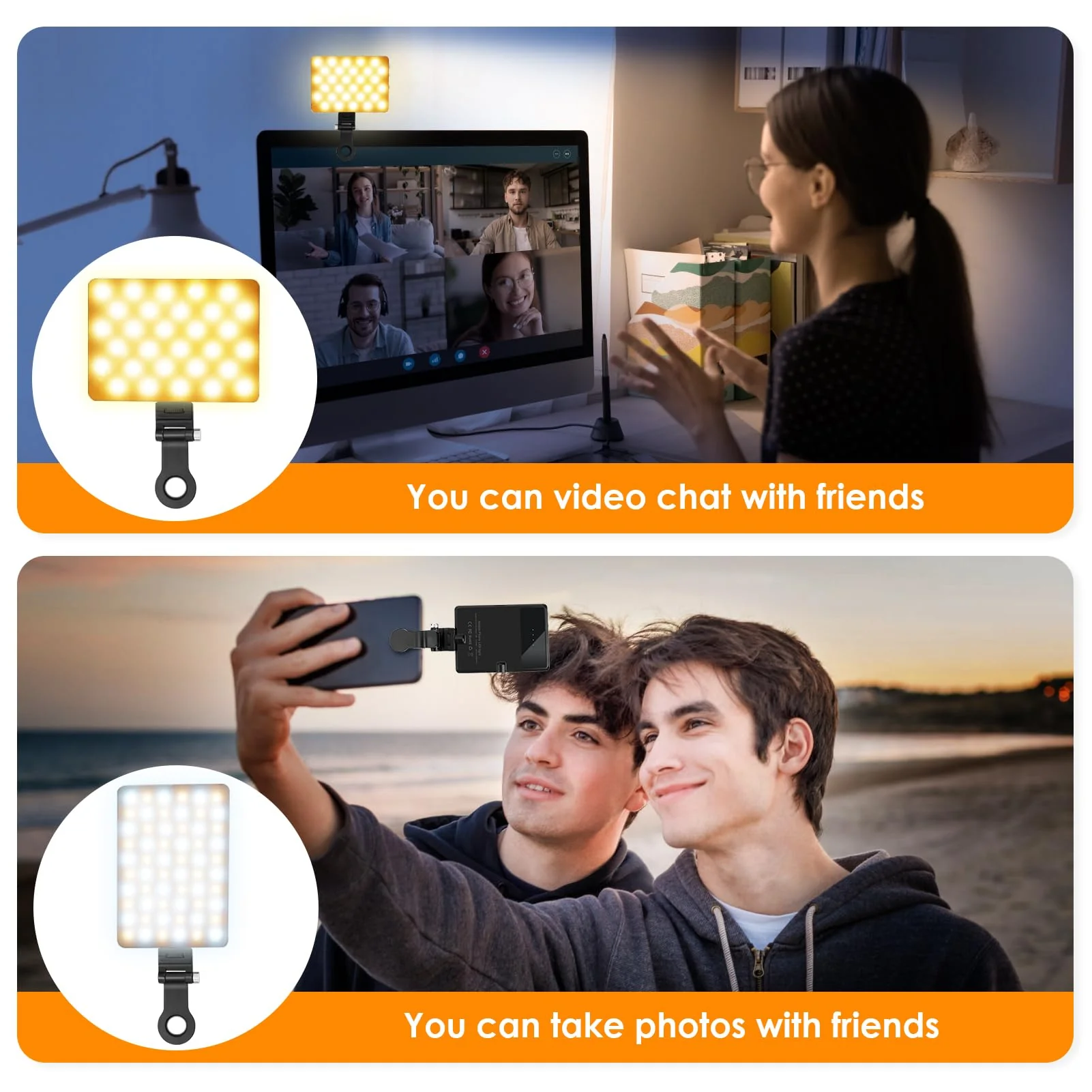 Selfie Light Portable Phone Light, Eagerey 60 LED Rechargeable Fill Light with Front & Back Clip, CRI 95, 3 Light Modes, Clip on Light for TikTok Tablet/Laptop, iPad, Conference Vlog Video Black - Image 4