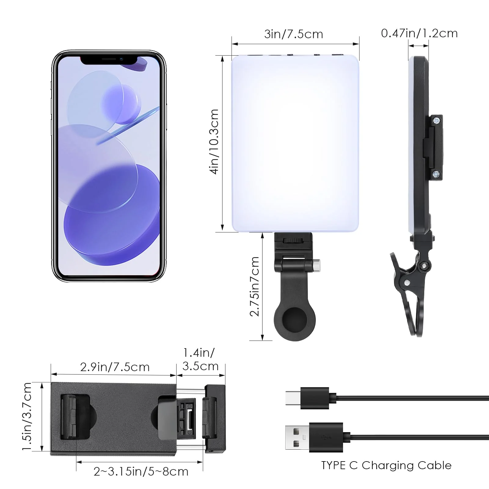 Selfie Light Portable Phone Light, Eagerey 60 LED Rechargeable Fill Light with Front & Back Clip, CRI 95, 3 Light Modes, Clip on Light for TikTok Tablet/Laptop, iPad, Conference Vlog Video Black - Image 7