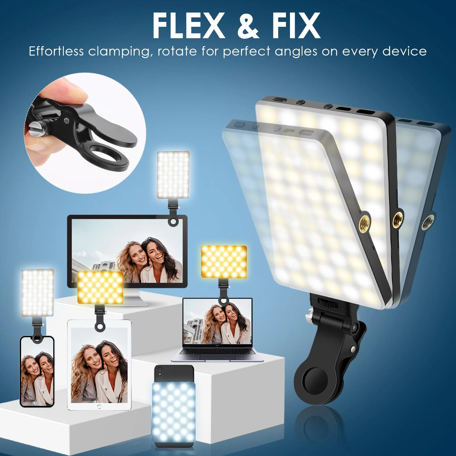Selfie Light with Front & Back Clip, Eagerey 60 LED Portable Phone Light, Rechargeable Fill Light for TikTok Tablet/Laptop, iPad, Conference Vlog Video, 3 Light Modes, CRI 95+ Clip on Light - Image 3