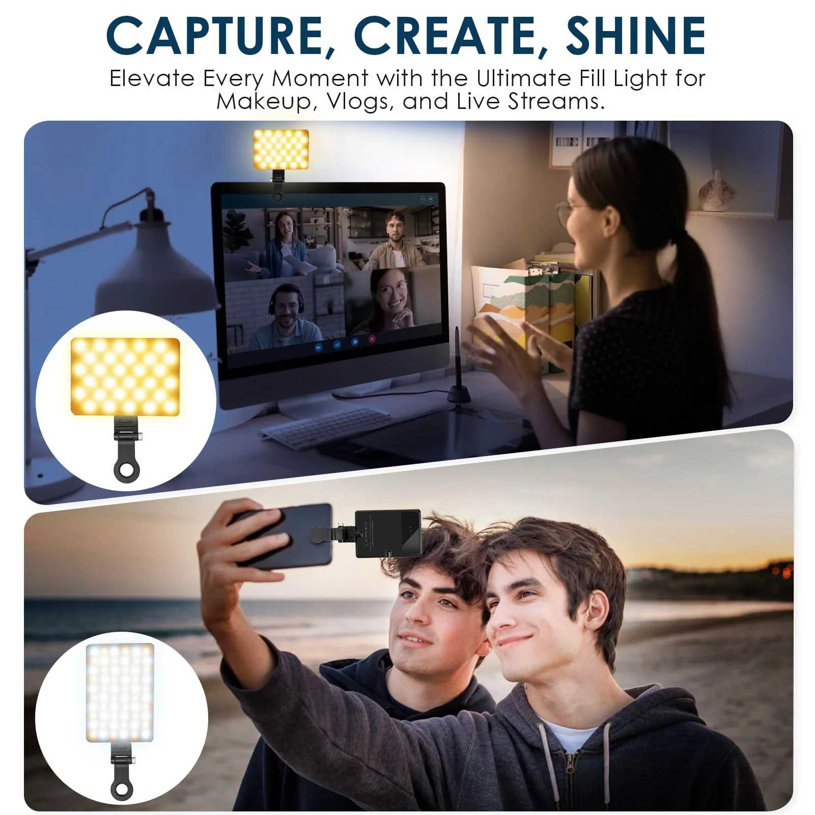 Selfie Light with Front & Back Clip, Eagerey 60 LED Portable Phone Light, Rechargeable Fill Light for TikTok Tablet/Laptop, iPad, Conference Vlog Video, 3 Light Modes, CRI 95+ Clip on Light - Image 4