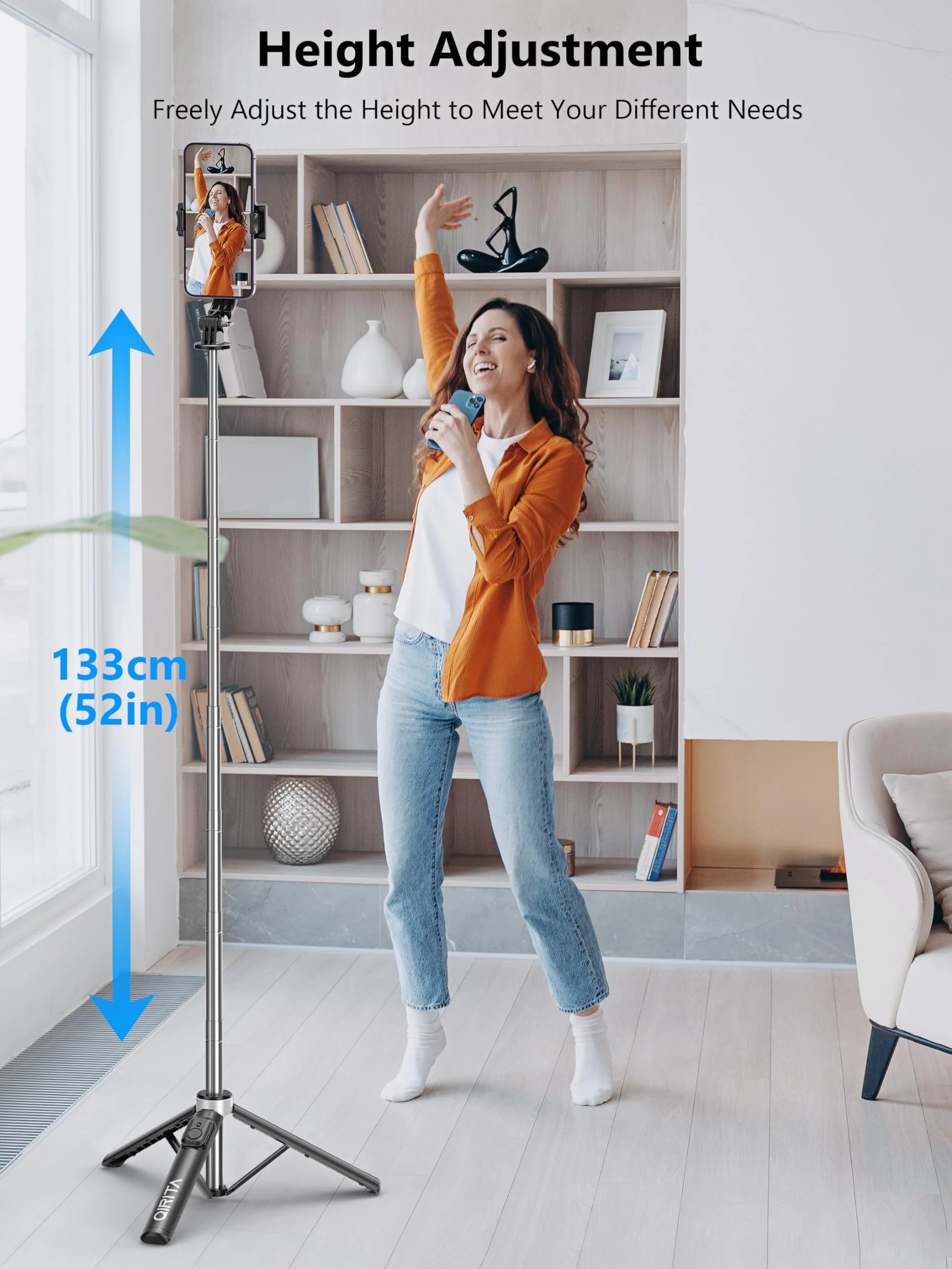 Selfie Stick & Phone Tripod, All in 1 Selfie Stick Tripod with Remote, Phone Travel Tripod Stand for Video Recording, Live Streaming, Photograph, Group Photo, Vlog Compatible with All Cellphones 52in-Stainless Steel Pole - Image 3