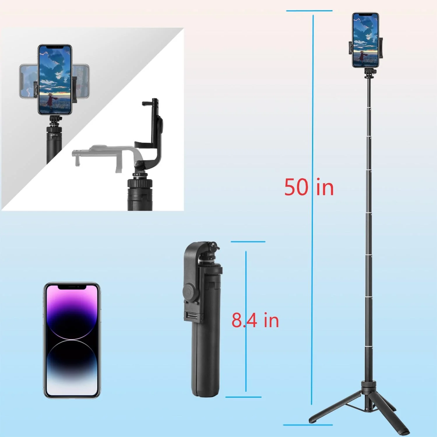 Selfie Stick Tripod for Cell Phone & Camera, 50" Expandable Phone Tripod with Remote Control and Rotate Phone Holder, Portable Tripod for iPhone/Goproo and Cameras. - Image 2