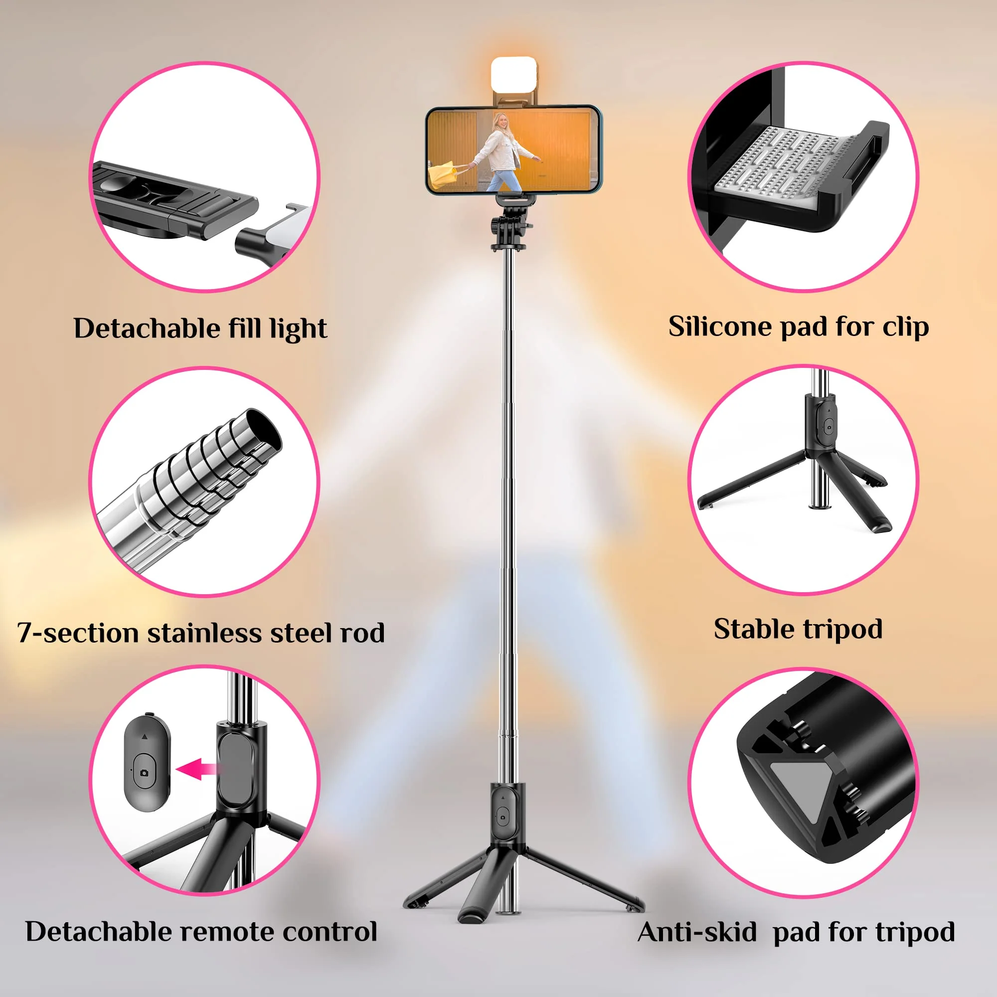 Selfie Stick Tripod with Fill Light, All in One Extendable Selfie Stick with Detachable Wireless Remote, Flexible Phone Tripod Stand Compatible with iPhone/Galaxy, Compact Size & Lightweight Black & With Light - Image 3
