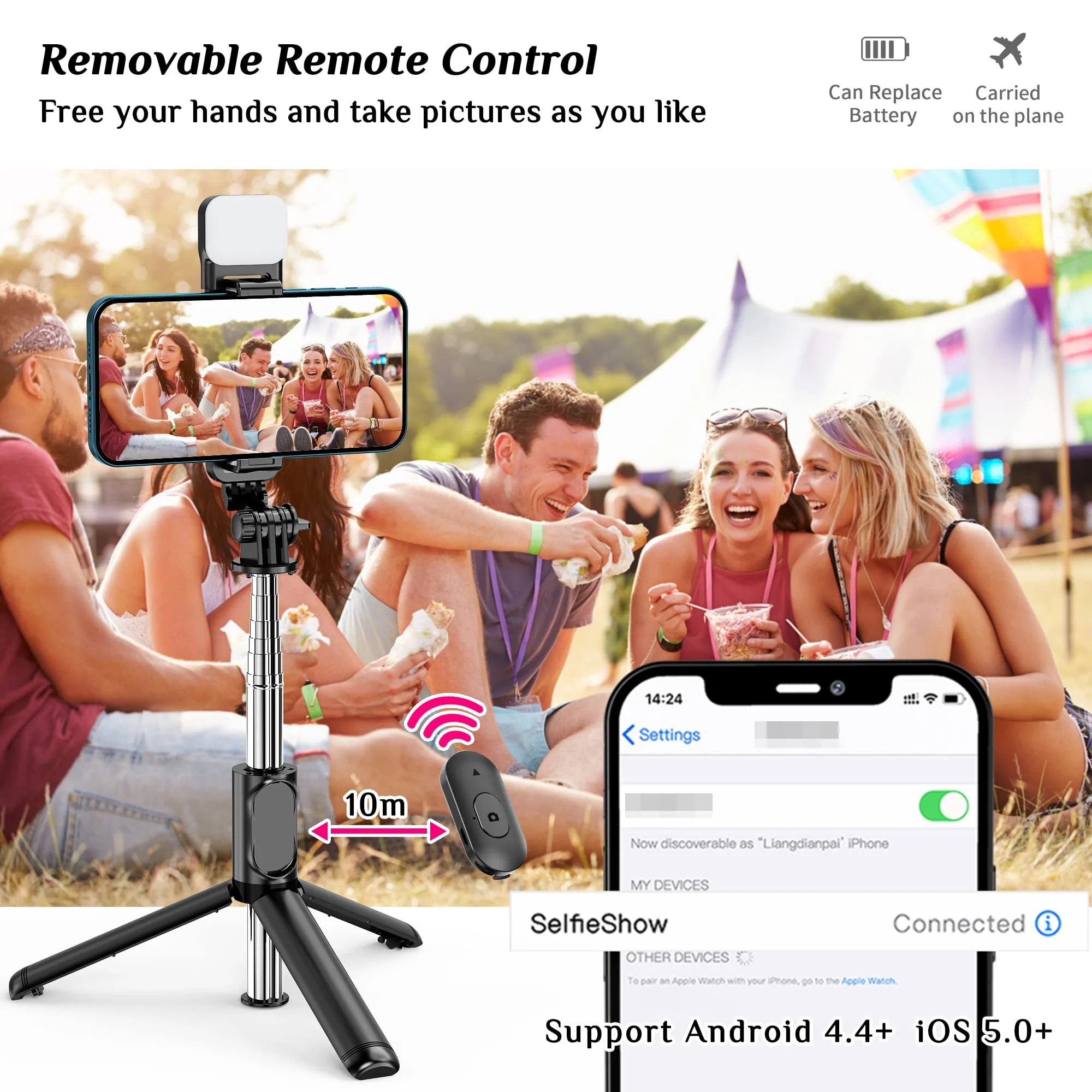 Selfie Stick Tripod with Fill Light, All in One Extendable Selfie Stick with Detachable Wireless Remote, Flexible Phone Tripod Stand Compatible with iPhone/Galaxy, Compact Size & Lightweight Black & With Light - Image 4
