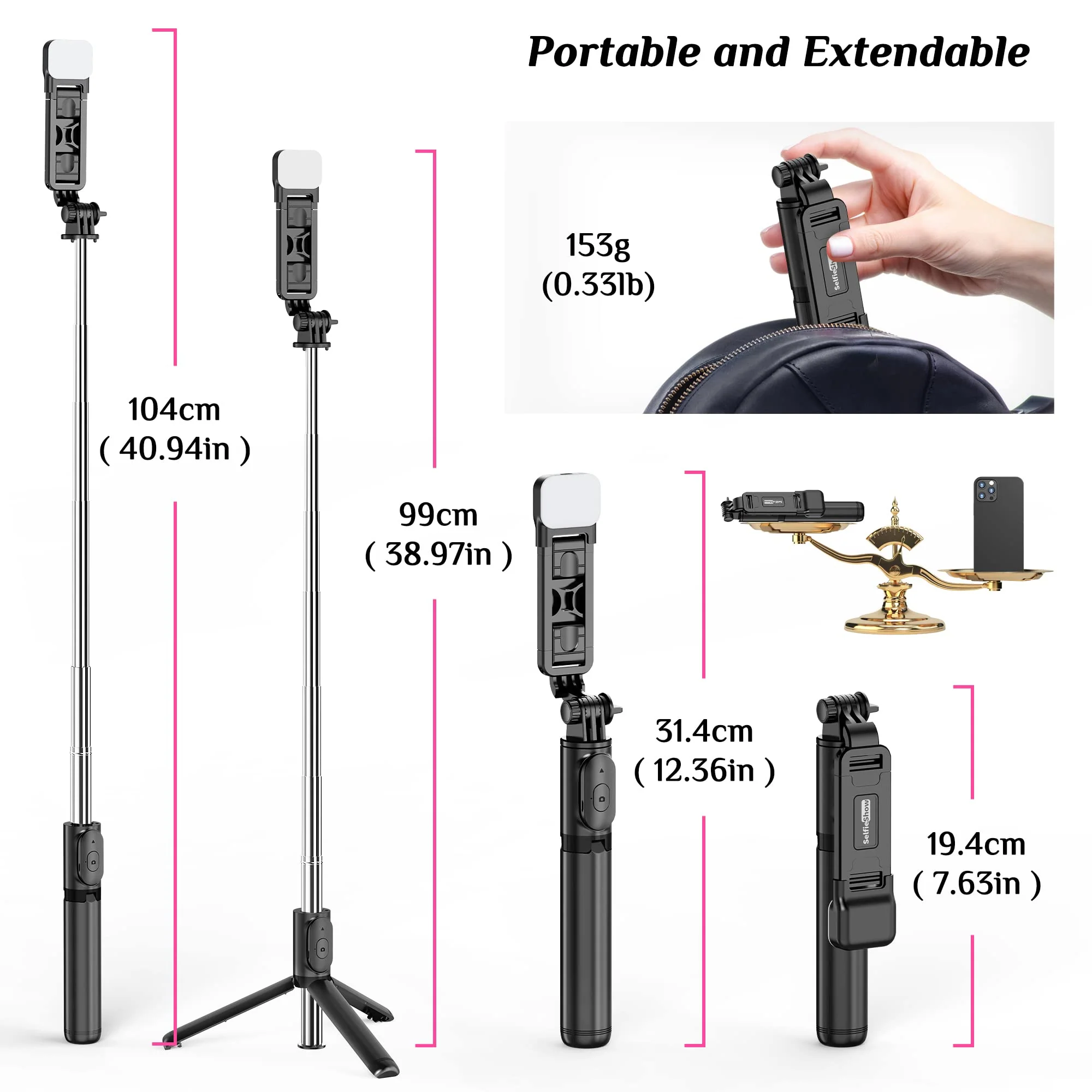 Selfie Stick Tripod with Fill Light, All in One Extendable Selfie Stick with Detachable Wireless Remote, Flexible Phone Tripod Stand Compatible with iPhone/Galaxy, Compact Size & Lightweight Black & With Light - Image 5
