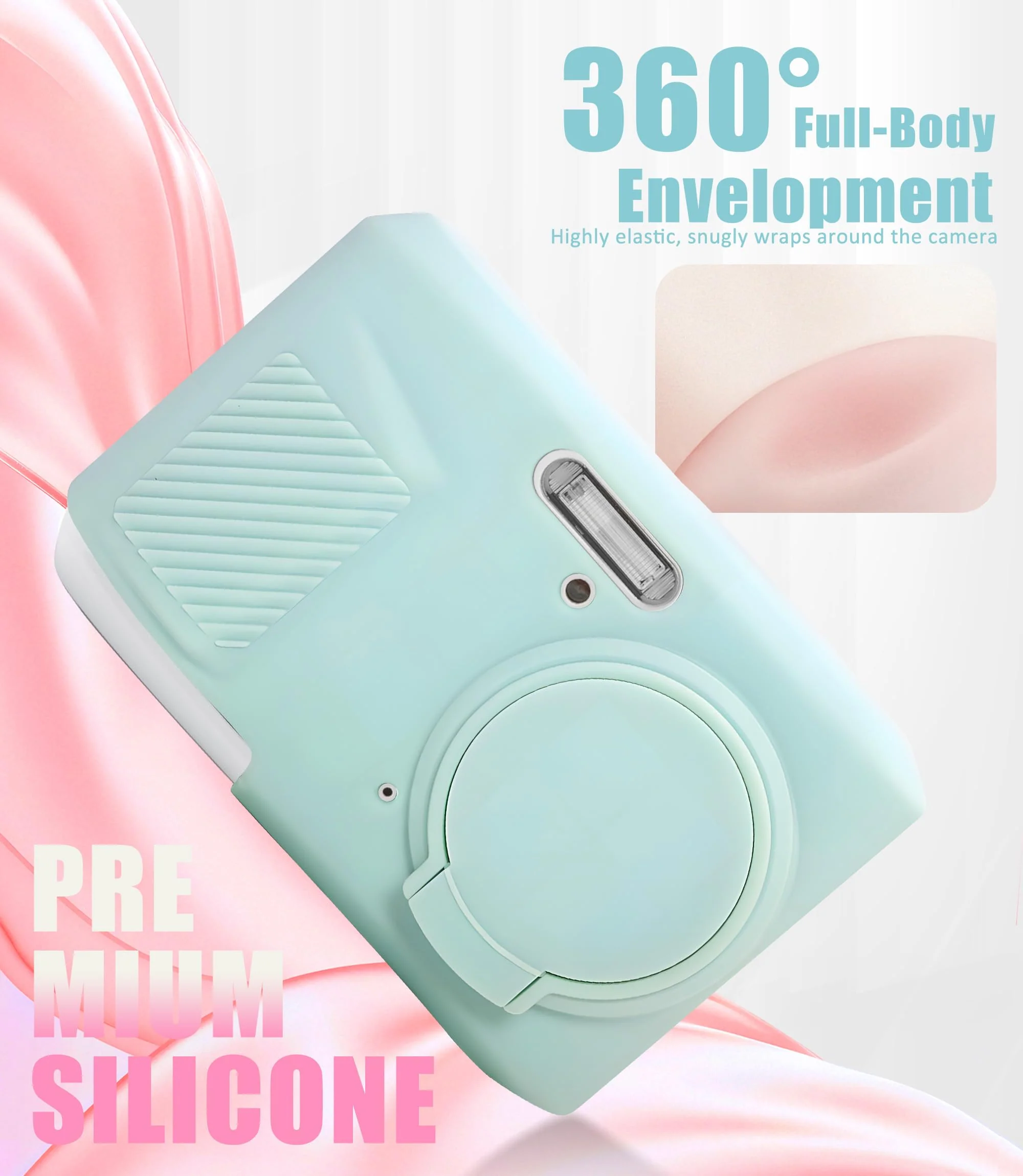 Seltureone Camera Case for Kodak PIXPRO FZ45 with Cute Camera Charm Wrist Strap and Screen Protector, Built-in Lens Cap Soft Silicone Protective Case for Kodak PIXPRO FZ45 Accessories - Mint Green - Image 3