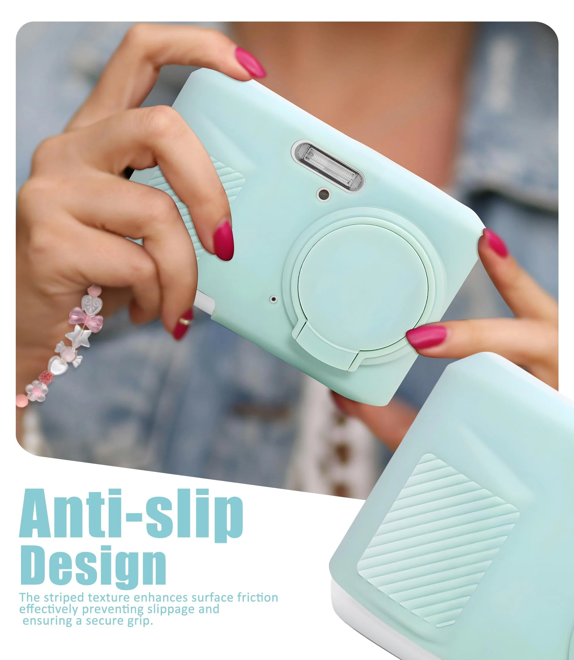 Seltureone Camera Case for Kodak PIXPRO FZ45 with Cute Camera Charm Wrist Strap and Screen Protector, Built-in Lens Cap Soft Silicone Protective Case for Kodak PIXPRO FZ45 Accessories - Mint Green - Image 4