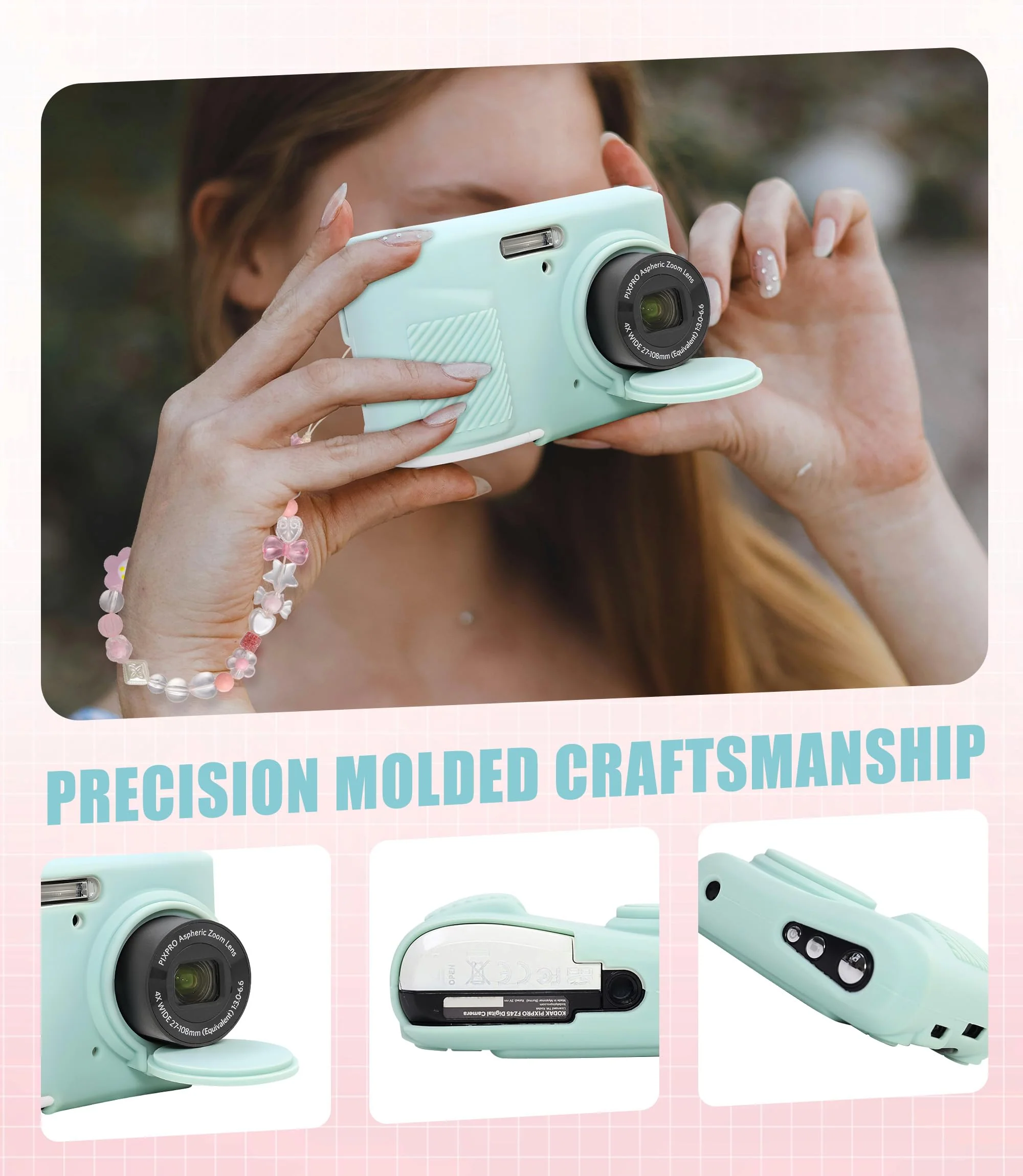 Seltureone Camera Case for Kodak PIXPRO FZ45 with Cute Camera Charm Wrist Strap and Screen Protector, Built-in Lens Cap Soft Silicone Protective Case for Kodak PIXPRO FZ45 Accessories - Mint Green - Image 6