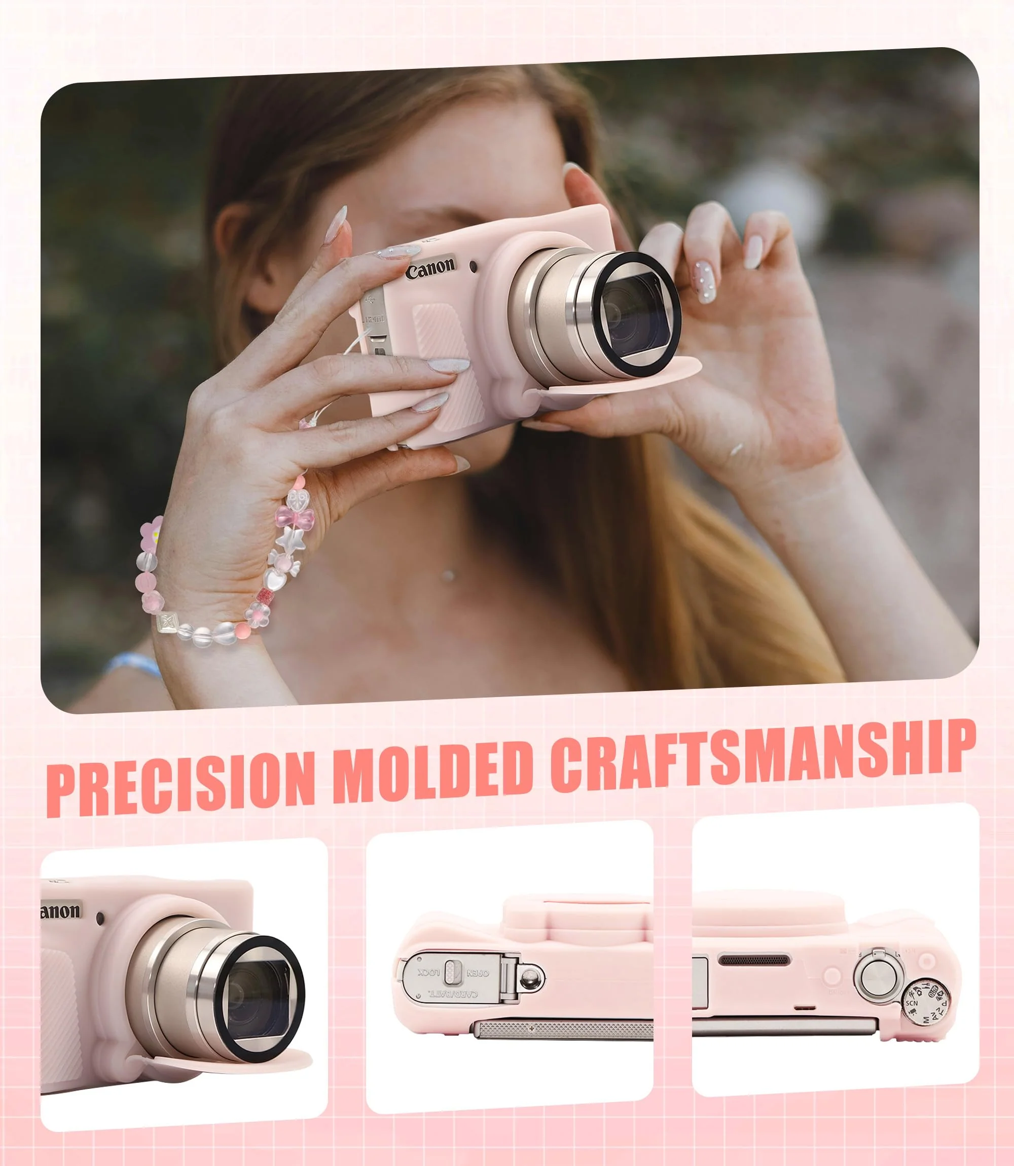 Seltureone for Canon PowerShot SX740/SX730 HS Case with Cute Charm Wrist Strap and Screen Protector, Anti-scratch Soft Silicone Built-in Lens Cap for Canon SX740/SX730 Case - Jelly Pink - Image 5