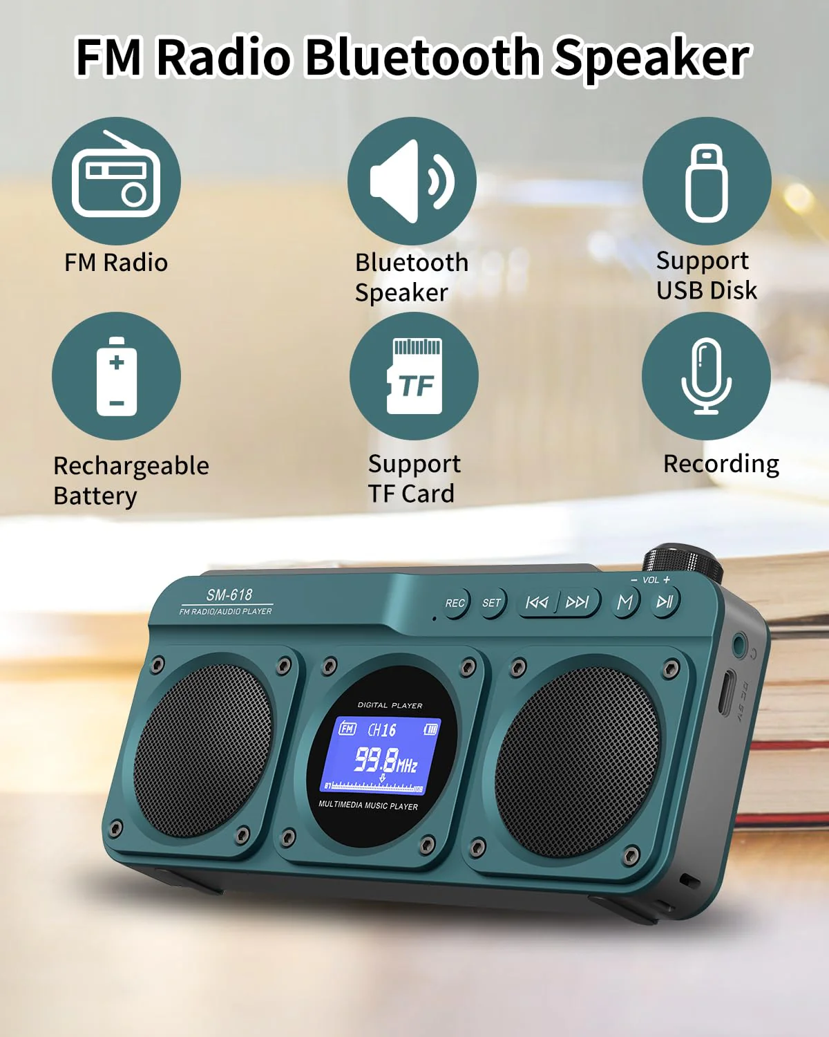 SEMIER Small Digital FM Radio Bluetooth Speaker, Handheld Rechargeable Radio Wireless Speaker, LCD Display, Double Speakers, Headphone Jack, Support USB/Micro SD Card MP3 Play for Home Outdoor (No AM) Blue - Image 2