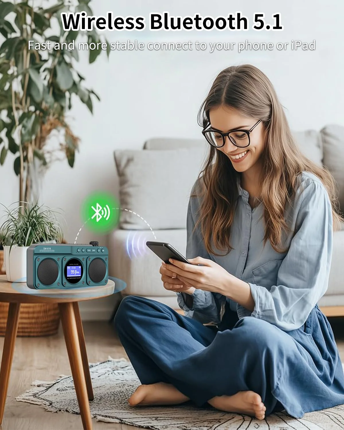 SEMIER Small Digital FM Radio Bluetooth Speaker, Handheld Rechargeable Radio Wireless Speaker, LCD Display, Double Speakers, Headphone Jack, Support USB/Micro SD Card MP3 Play for Home Outdoor (No AM) Blue - Image 4