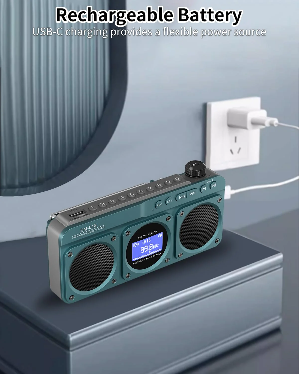 SEMIER Small Digital FM Radio Bluetooth Speaker, Handheld Rechargeable Radio Wireless Speaker, LCD Display, Double Speakers, Headphone Jack, Support USB/Micro SD Card MP3 Play for Home Outdoor (No AM) Blue - Image 6