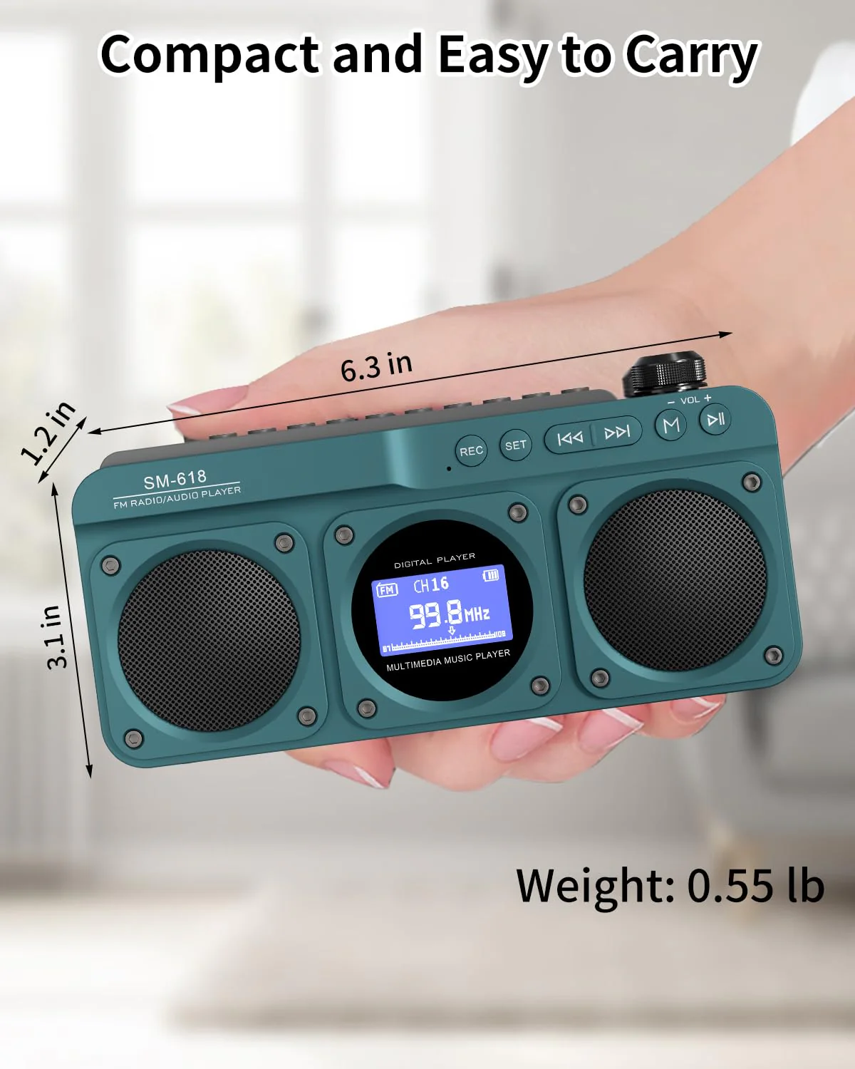 SEMIER Small Digital FM Radio Bluetooth Speaker, Handheld Rechargeable Radio Wireless Speaker, LCD Display, Double Speakers, Headphone Jack, Support USB/Micro SD Card MP3 Play for Home Outdoor (No AM) Blue - Image 7