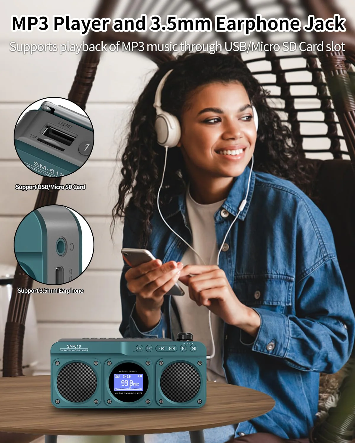 SEMIER Small Digital FM Radio Bluetooth Speaker, Handheld Rechargeable Radio Wireless Speaker, LCD Display, Double Speakers, Headphone Jack, Support USB/Micro SD Card MP3 Play for Home Outdoor (No AM) Blue - Image 8