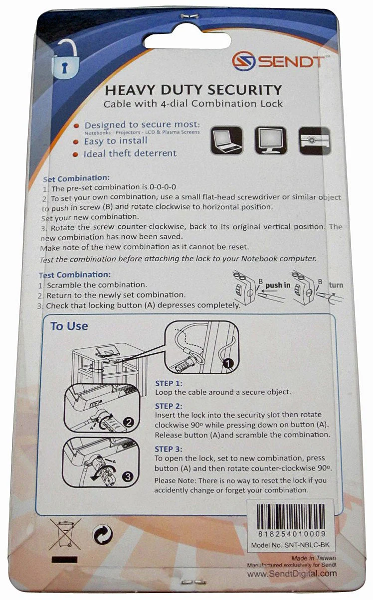 Sendt Black Notebook/Laptop Combination Lock Security Cable - Image 4