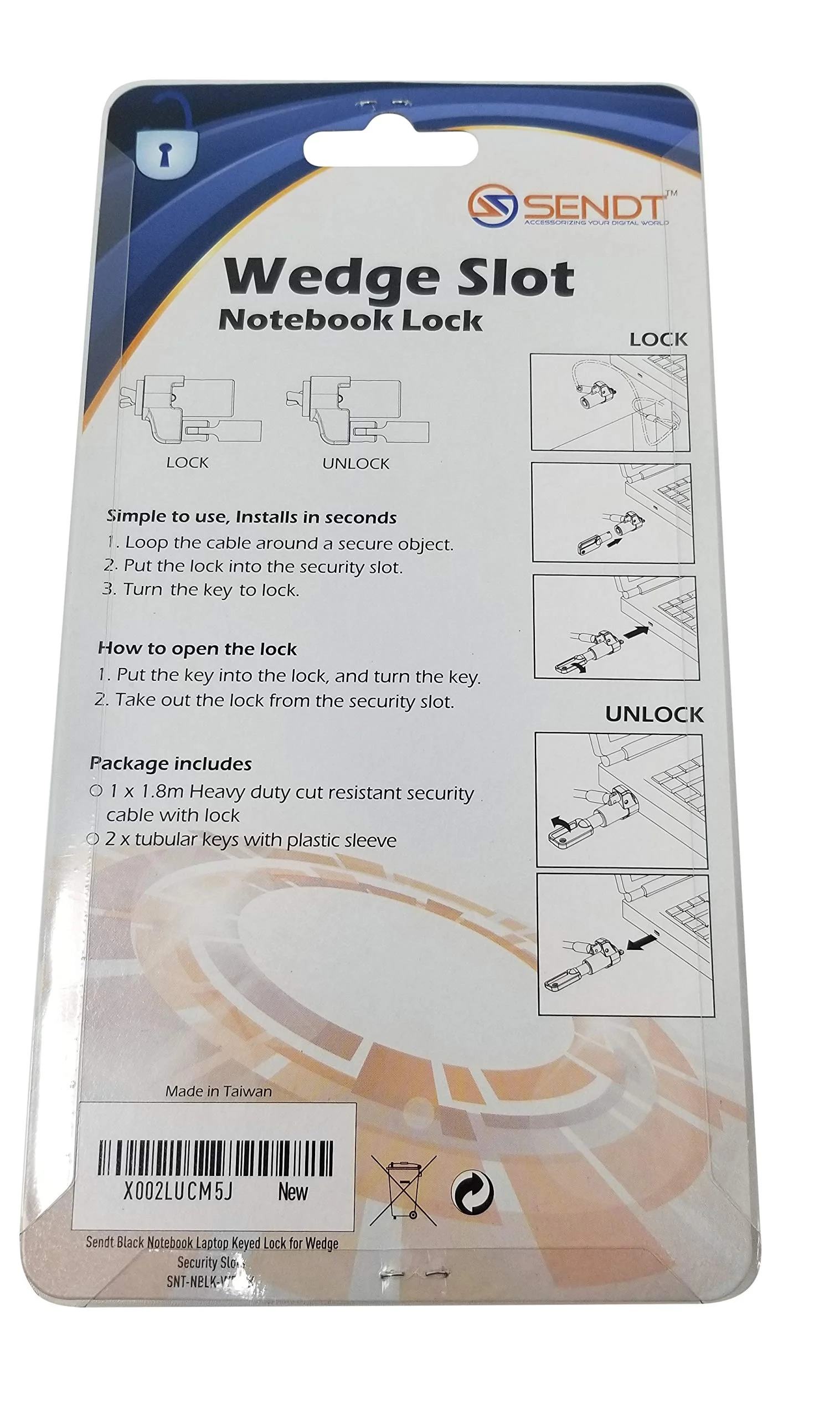 Sendt Black Notebook Laptop Keyed Lock for Wedge Security Slots - Image 3