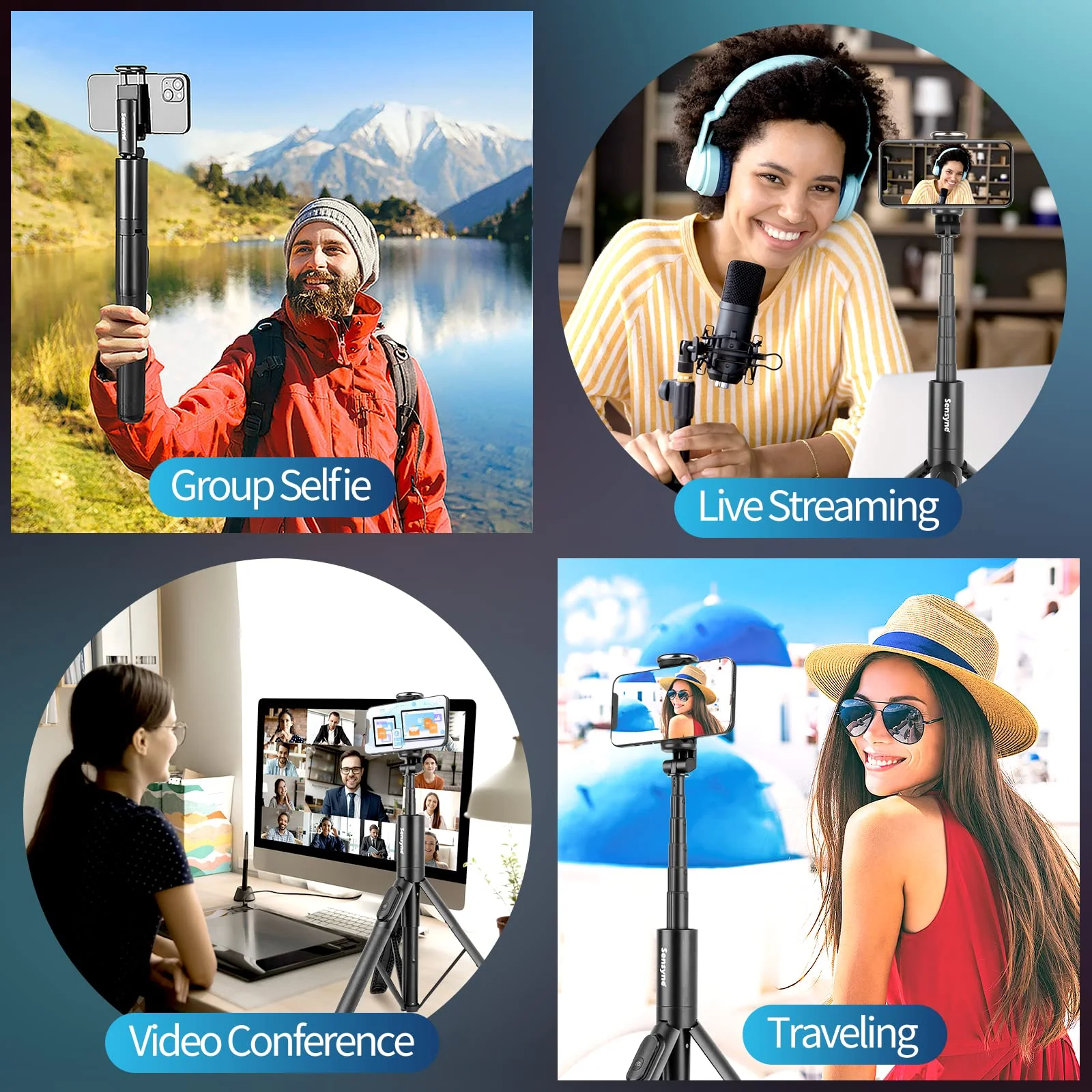 Sensyne 60" Selfie Stick & Cell Phone Tripod, Lightweight All in One Phone Tripod Integrated with Wireless Remote Compatible with All Cell Phones for Selfie/Video Recording/Photo/Live Stream/Vlog - Image 2