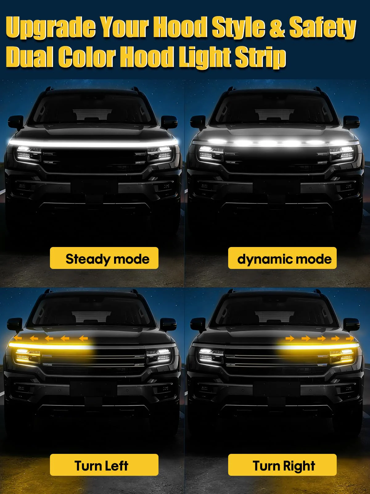 Sequential Dynamic Scan LED Hood Light Strip for Cars, Dual Color White DRL with Amber Turn Signal, Flexible Cuttable IP68 Waterproof Exterior LED Light, for Trucks SUVs Vans, 59inch 12V, 1 Set 59 inch - Image 2