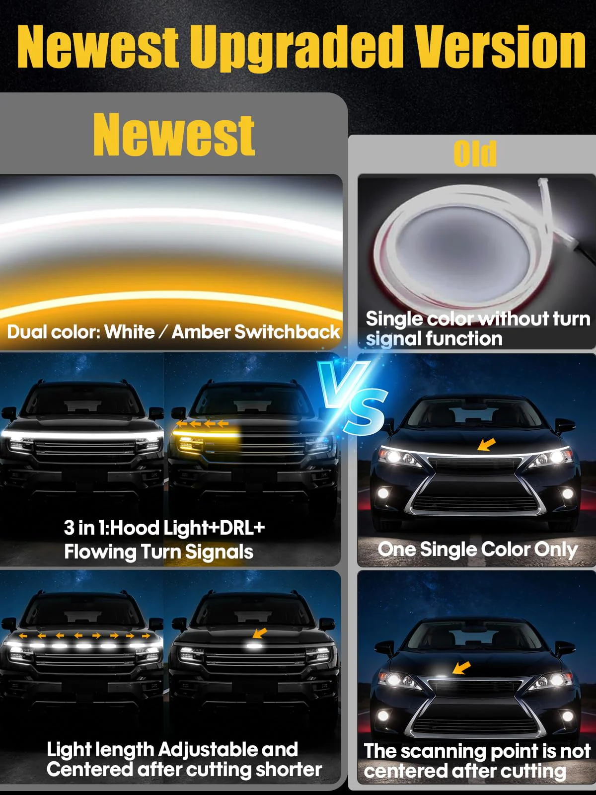 Sequential Dynamic Scan LED Hood Light Strip for Cars, Dual Color White DRL with Amber Turn Signal, Flexible Cuttable IP68 Waterproof Exterior LED Light, for Trucks SUVs Vans, 59inch 12V, 1 Set 59 inch - Image 3