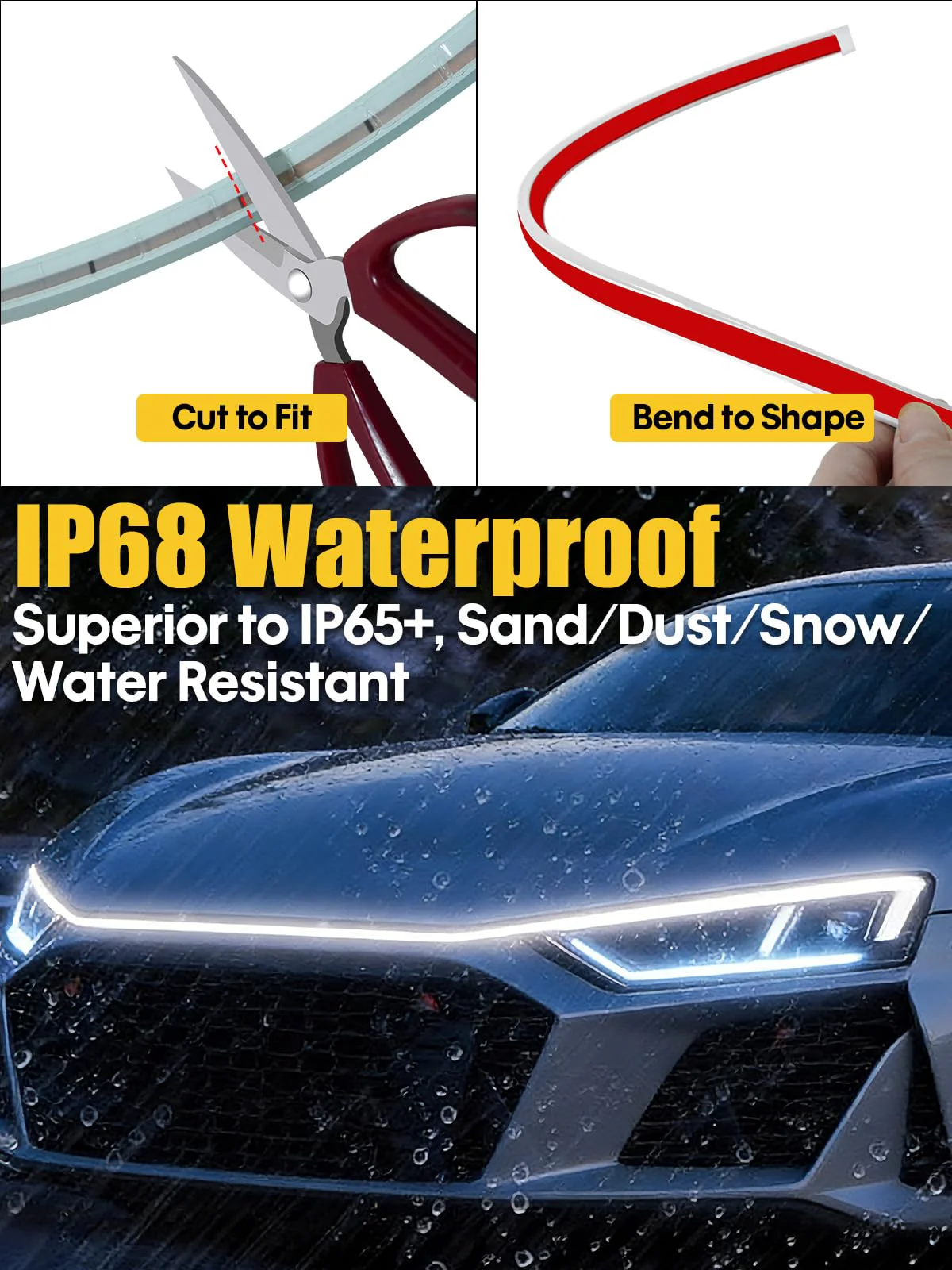 Sequential Dynamic Scan LED Hood Light Strip for Cars, Dual Color White DRL with Amber Turn Signal, Flexible Cuttable IP68 Waterproof Exterior LED Light, for Trucks SUVs Vans, 59inch 12V, 1 Set 59 inch - Image 4