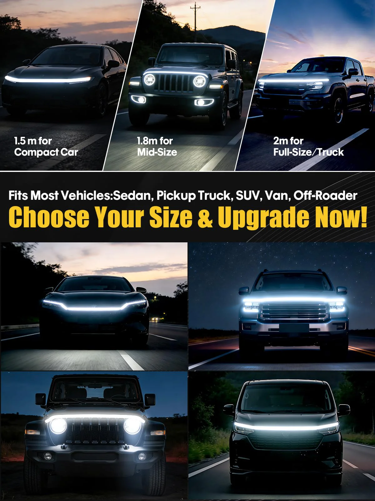 Sequential Dynamic Scan LED Hood Light Strip for Cars, Dual Color White DRL with Amber Turn Signal, Flexible Cuttable IP68 Waterproof Exterior LED Light, for Trucks SUVs Vans, 59inch 12V, 1 Set 59 inch - Image 9