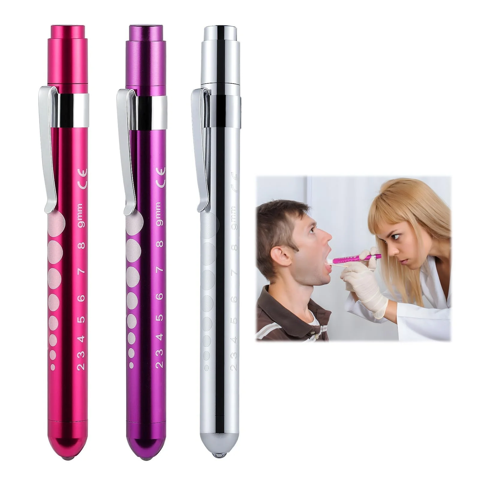 Set of 3 Pupil Light in Purple, Pink, Silver, LED Torch Eye Light, Portable Light Pen with Pocket Clip, Ruler, Pupil Meter, Pupil Light, Care Accessories - Image 7