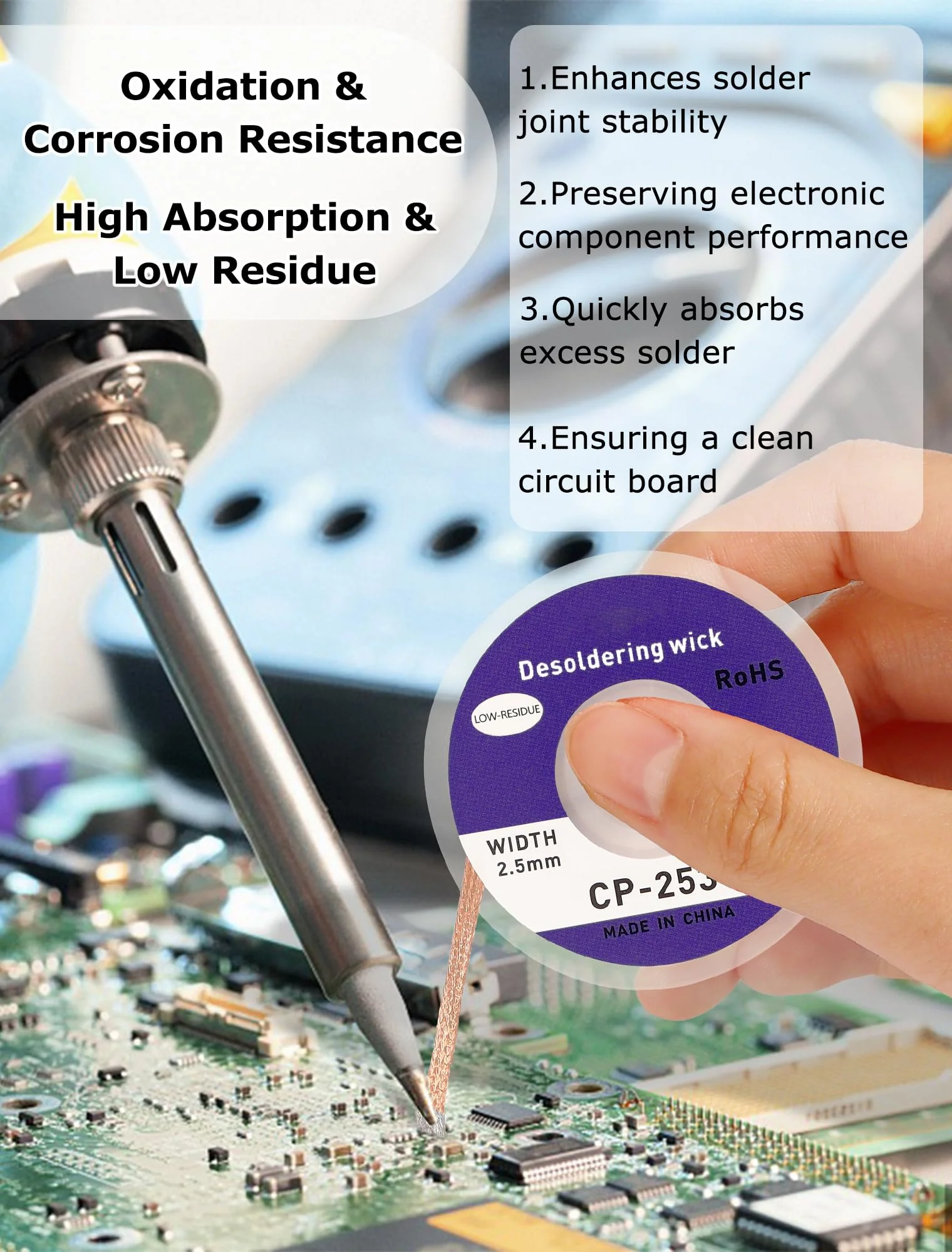 Set of 6 Desoldering Braids - 3 m Copper Desoldering Wire (1.0/1.5/2.0/2.5/3.0/3.5 mm) | Ideal for Desoldering and Removing Solder at Soldering Points | High Thermal Conductivity Solder Braid - Image 4