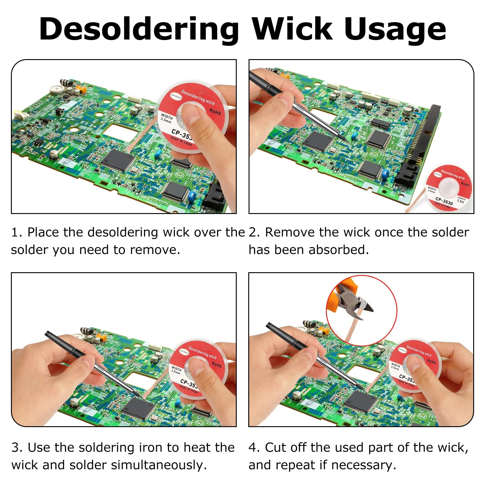 Set of 6 Desoldering Braids - 3 m Copper Desoldering Wire (1.0/1.5/2.0/2.5/3.0/3.5 mm) | Ideal for Desoldering and Removing Solder at Soldering Points | High Thermal Conductivity Solder Braid - Image 5