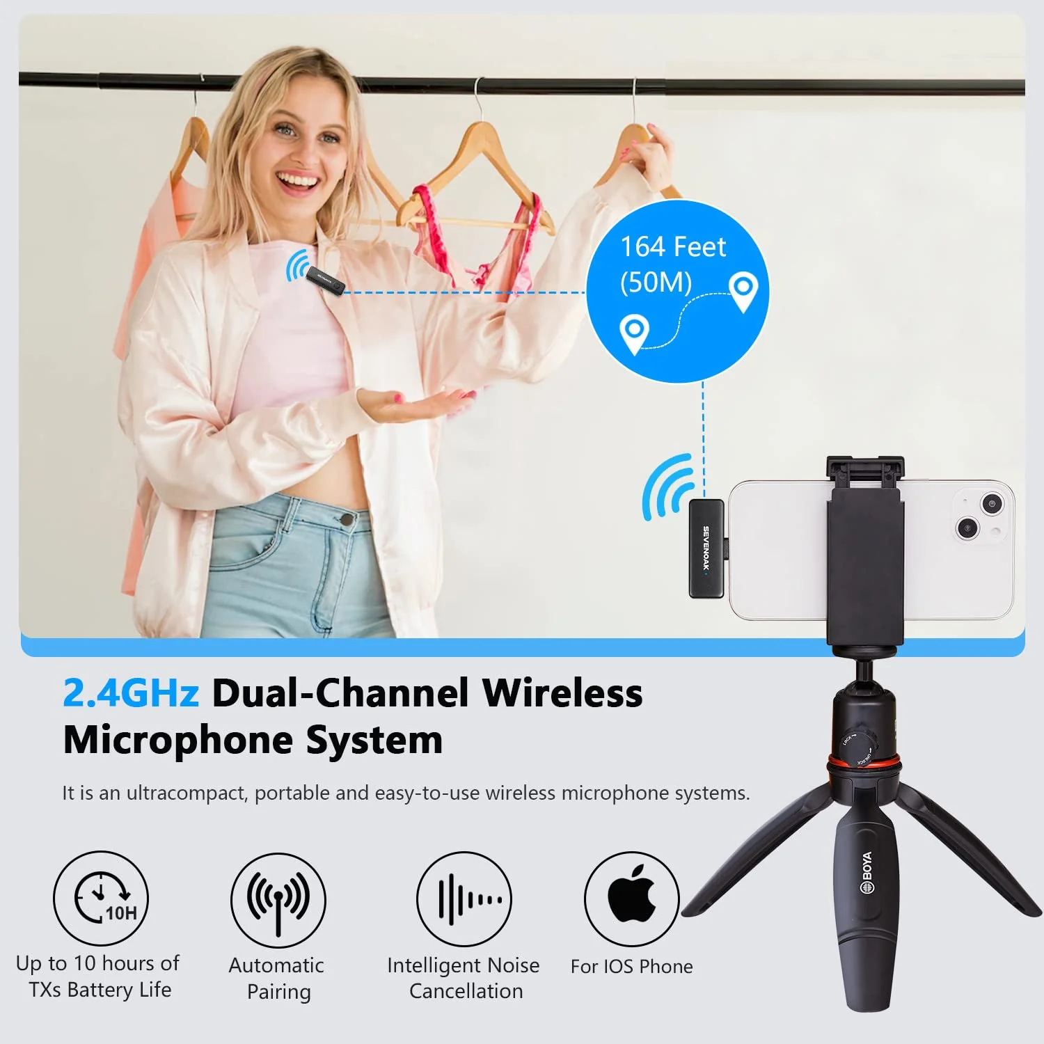 Sevenoak Wireless Lavalier Microphone for iPhone,MFi Certified, Plug Play Noise Cancelling Lapel Mic,196ft Transmission,10H Working Time,Cordless Clip on Mic for Video Recording Live Streaming Lightning-1 - Image 2
