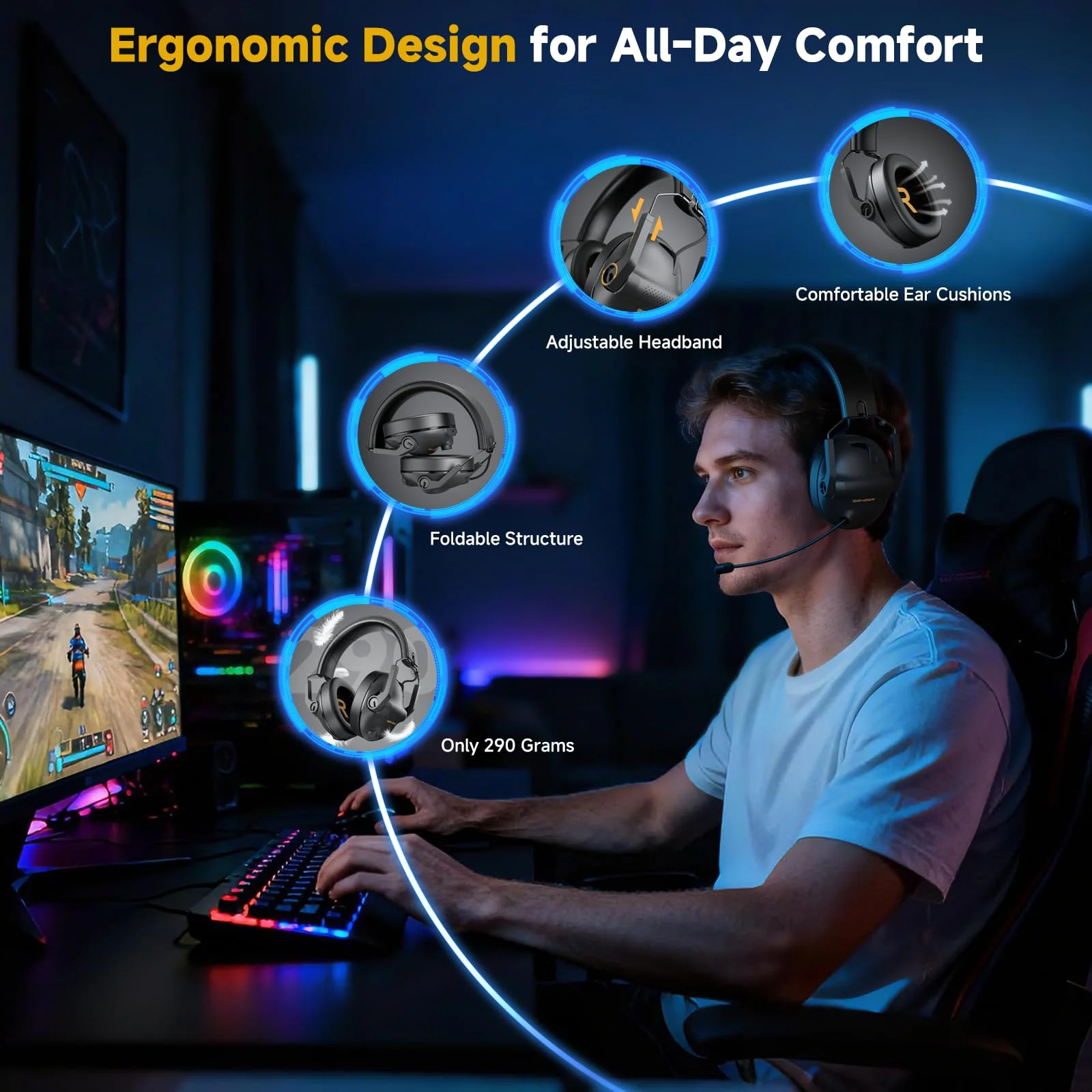 SG600 Wireless Gaming Headset for PC, PS5, PS4, Laptop, Mac, Nintendo Switch, 2.4GHz & Bluetooth 5.3 Gaming Headphones with Noise Canceling Mic, Stereo Sound, 70+Hr Battery, 15ms Latency Black - Image 5