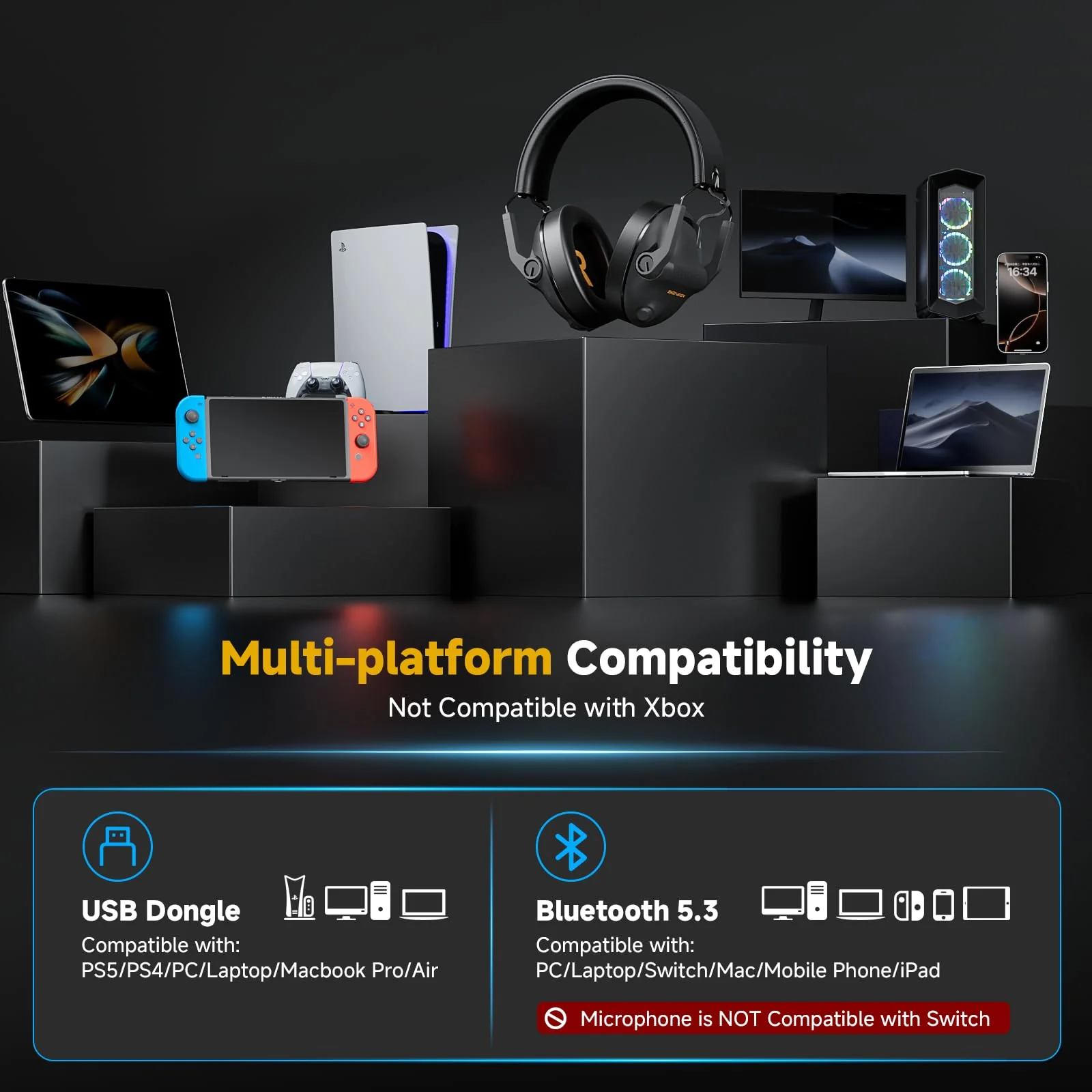 SG600 Wireless Gaming Headset for PC, PS5, PS4, Laptop, Mac, Nintendo Switch, 2.4GHz & Bluetooth 5.3 Gaming Headphones with Noise Canceling Mic, Stereo Sound, 70+Hr Battery, 15ms Latency Black - Image 8