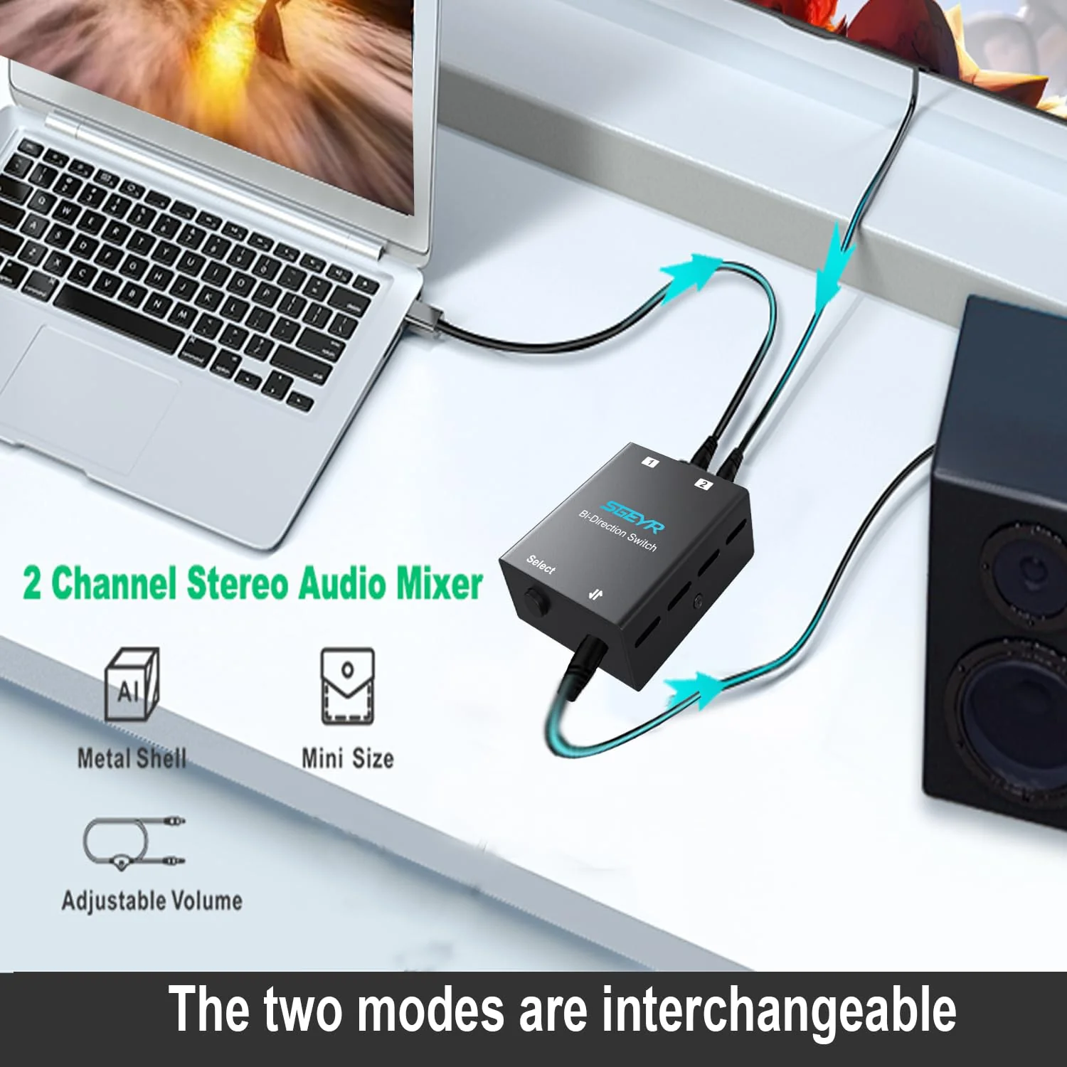 SGEYR Audio Switcher 3.5mm Bi-Direction Switch 2-in-1 Out/ 1-in-2 Out Audio Stereo Mixer Mini Sound Mixer for PC Versatile Connectivity - Image 4
