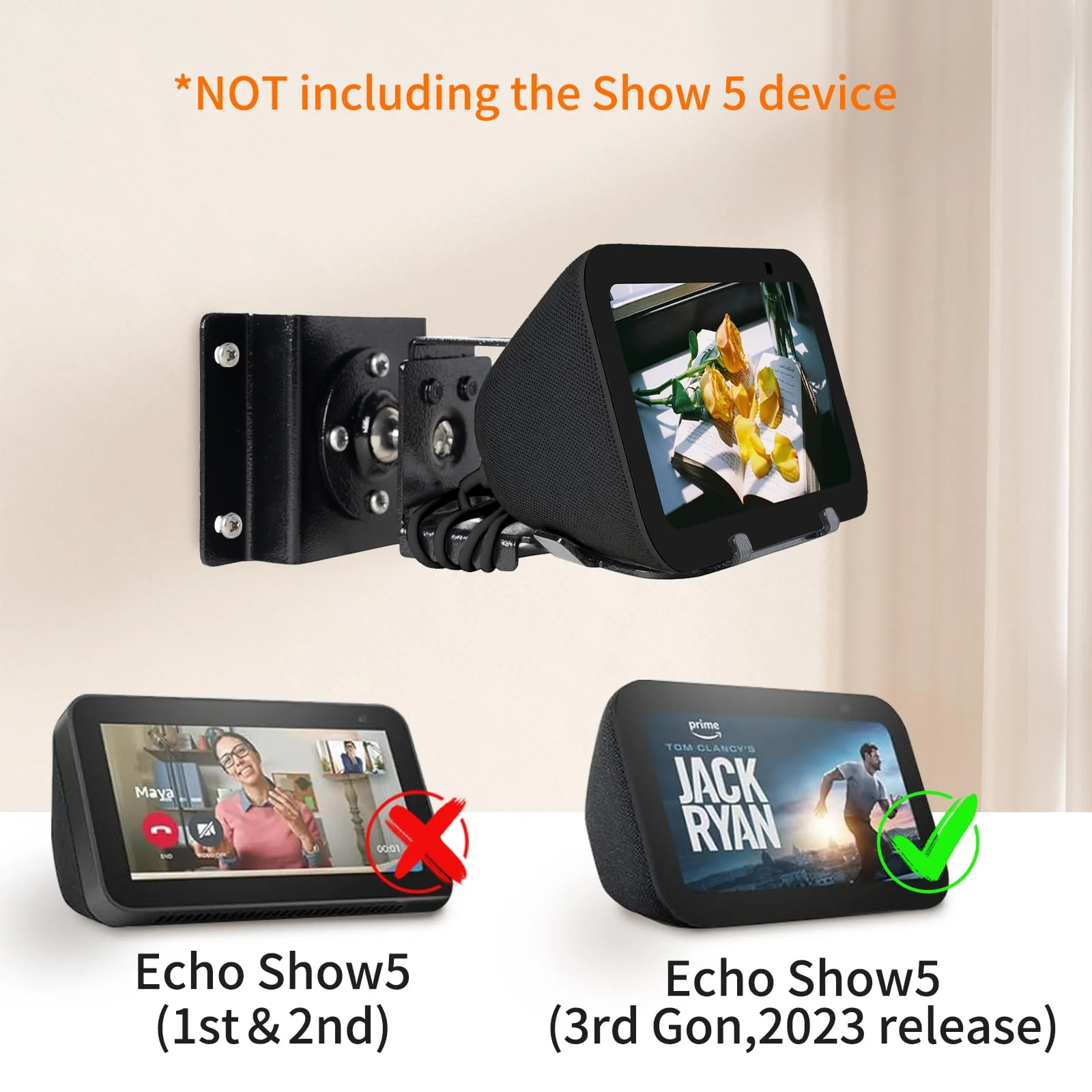 shinar Metal Wall Mount ONLY for Echo Show 5 (3rd Generation) - Swivels up to 360° / Tilts -70° / +70°,Mount Stand Compatible with Show 5 (3rd Gen)&iPhone Models with Wiremanagement (Black) Black - Image 3