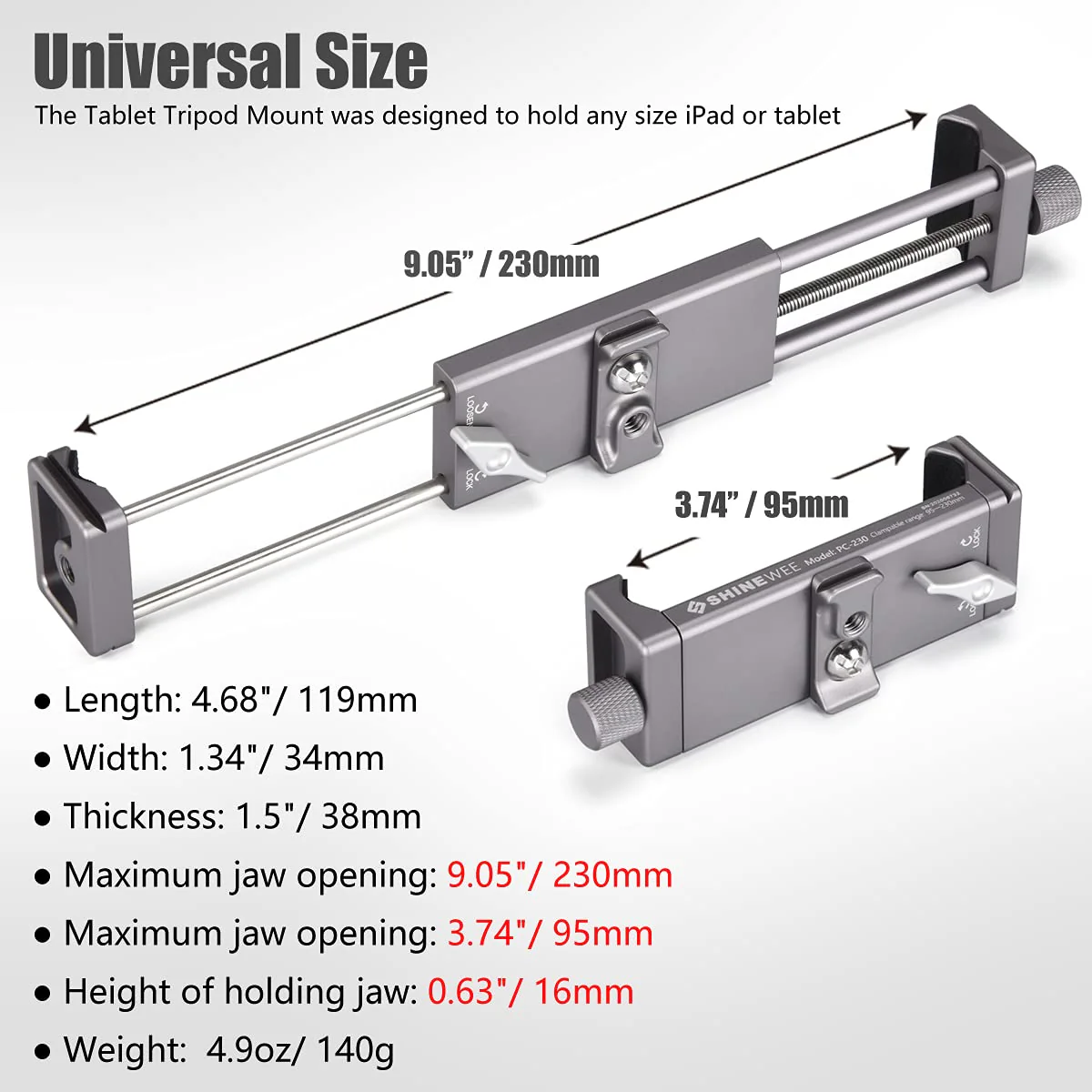 SHINEWEE Full Metal Tablet Tripod Holder - Compatible with iPad mini/Air/Pro | 1/4" Screw & Arca-Swiss Dovetail Mounts | Universal Tablet Clamp Adapter - Image 2