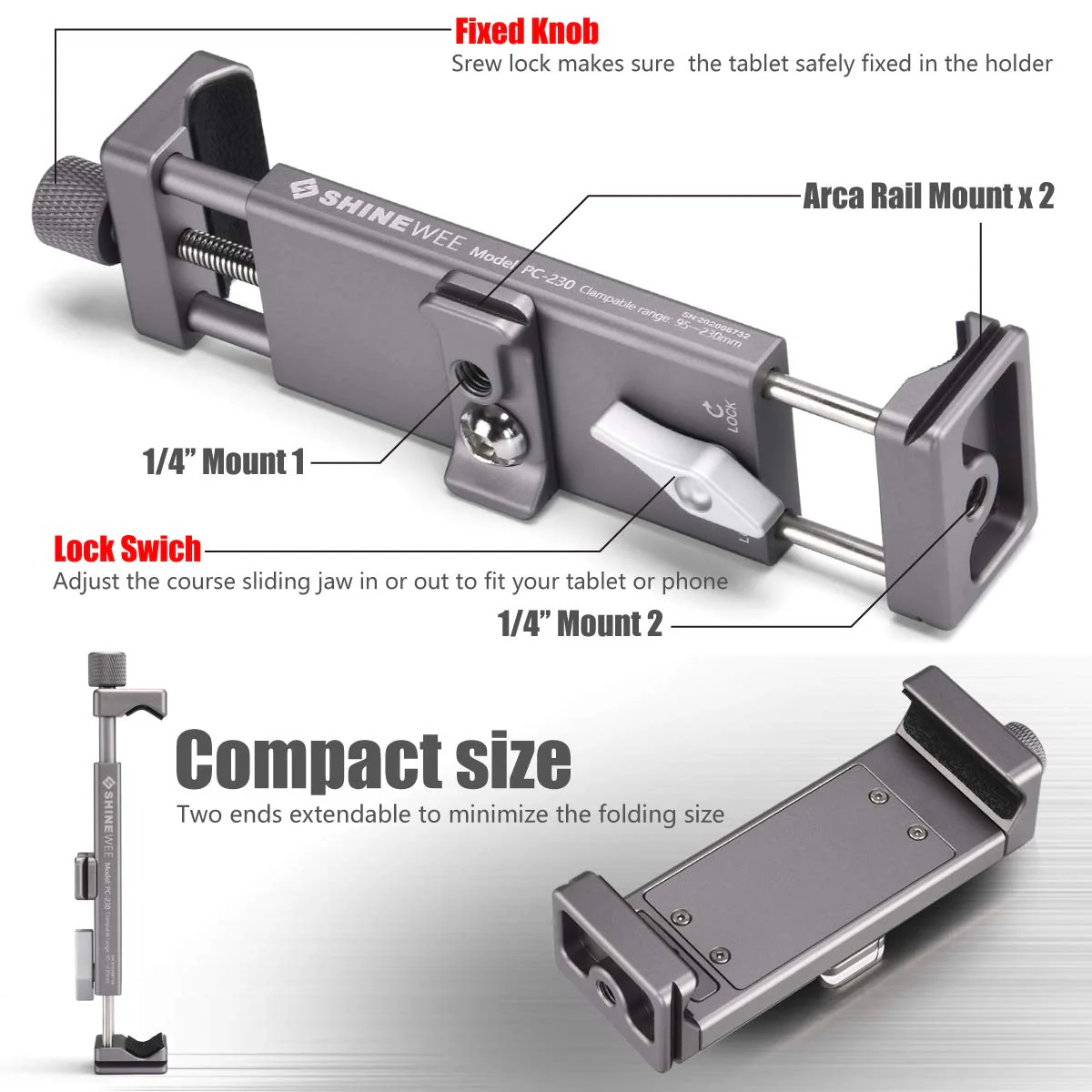 SHINEWEE Full Metal Tablet Tripod Holder - Compatible with iPad mini/Air/Pro | 1/4" Screw & Arca-Swiss Dovetail Mounts | Universal Tablet Clamp Adapter - Image 6