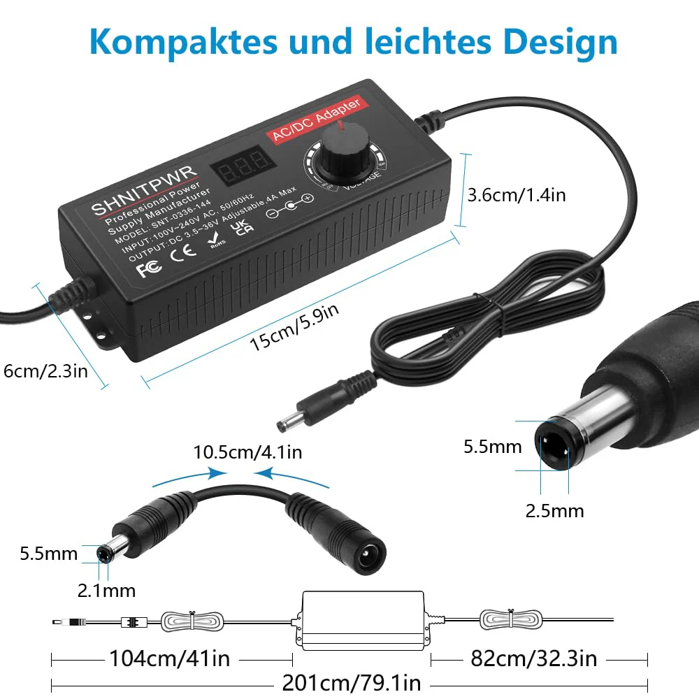 SHNITPWR Adjustable Power Supply 3.5-36V 4A 144W Universal Power Supply Adapter DC 36V 34V 31V 29V 26V 24V 20V 19V 14V 12V 9V 6V 3.5V with 14 Tips & Polarity Cable for Household Electronics LED Strip - Image 3