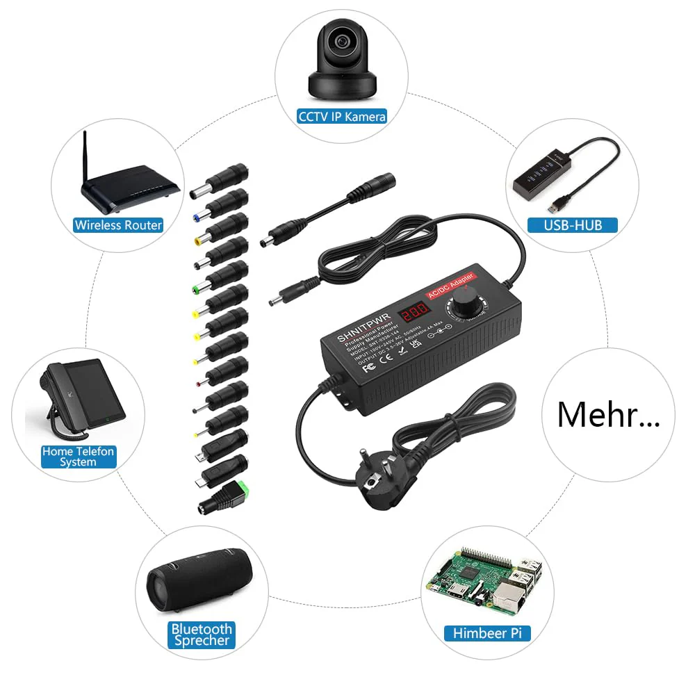 SHNITPWR Adjustable Power Supply 3.5-36V 4A 144W Universal Power Supply Adapter DC 36V 34V 31V 29V 26V 24V 20V 19V 14V 12V 9V 6V 3.5V with 14 Tips & Polarity Cable for Household Electronics LED Strip - Image 7