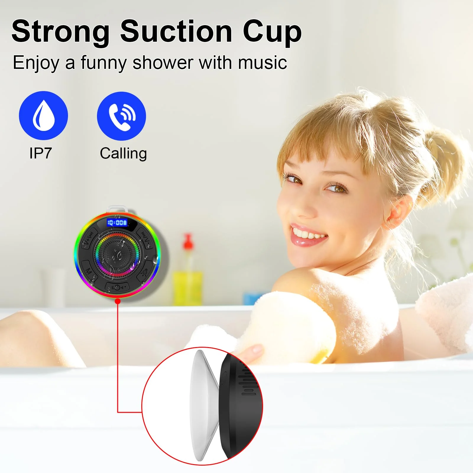Shower Bluetooth Speaker IPX7 Waterproof, Portable Bluetooth Speakers with Suction Cup and Time Display, Crystal Sound&Bass LED Light 1100mAh, Wireless Shower Speaker for Outdoor/Kayak/ Gifts/Beach Black - Image 2